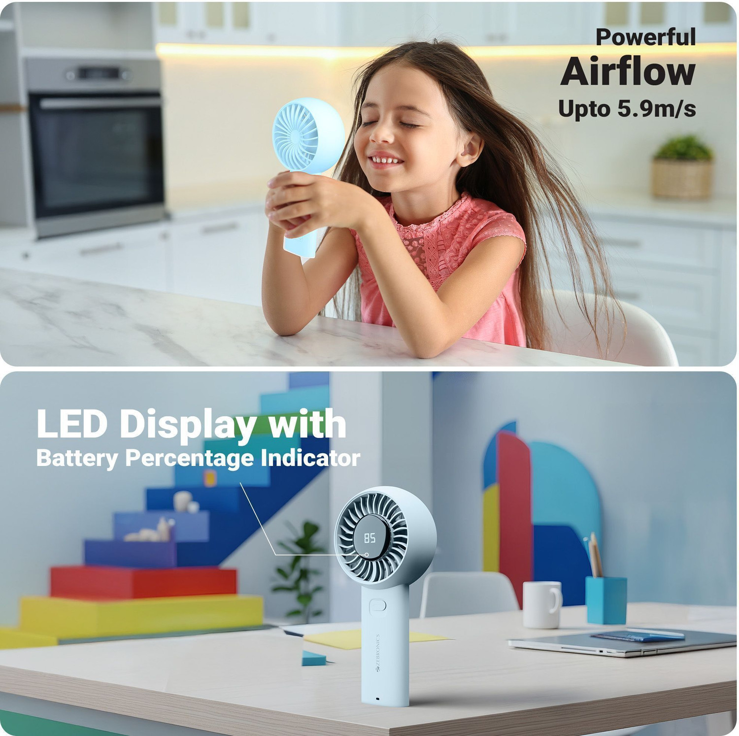 Image of ZEBRONICS Portable Hand Fan, Upto 12h Backup, 3600mAh Rechargeable Battery, 5 Speed Modes, Zeb-Heat Buster 200 USB Fan