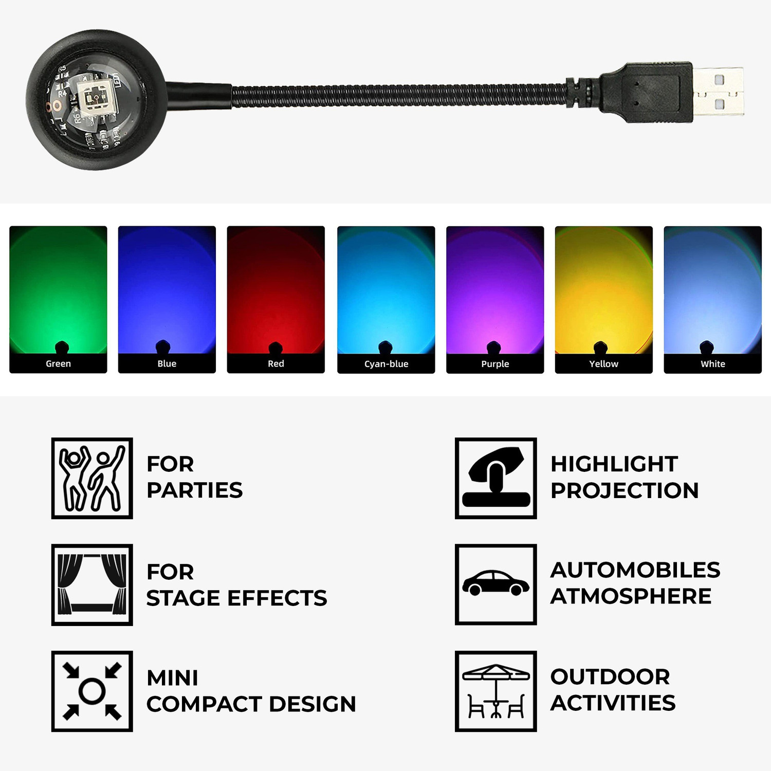 Image of MOOZMOB Version 360 Degree Rotatable and Portable Plug and Play Sunset Lamp with 7 Vibrant Color + 13 Functional Modes USB Sunset Led Light