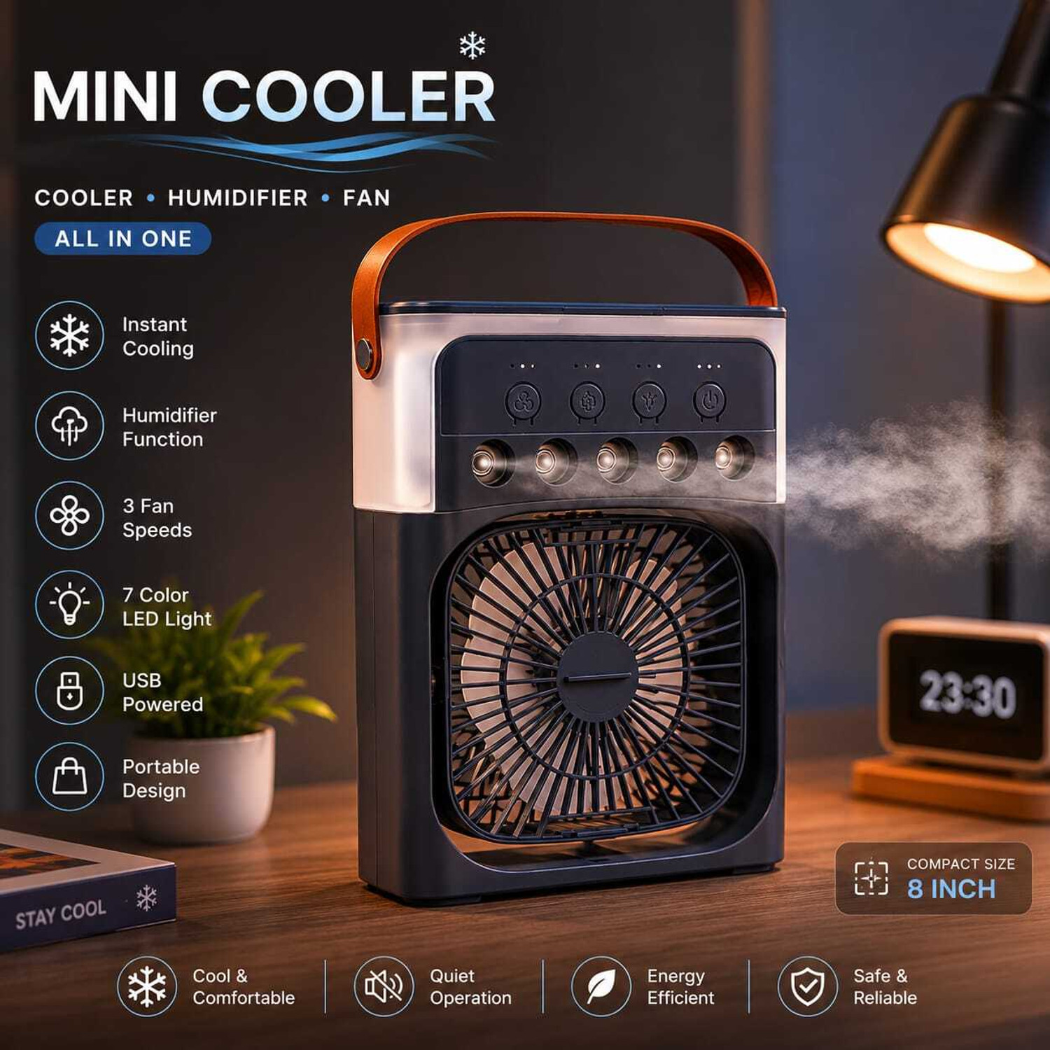 Image of SakhiHome Mini Desk 3 in 1 Air Cooler - Mist and Humidifier with USB Cable & LED Light MC-4038 USB Air Cooler