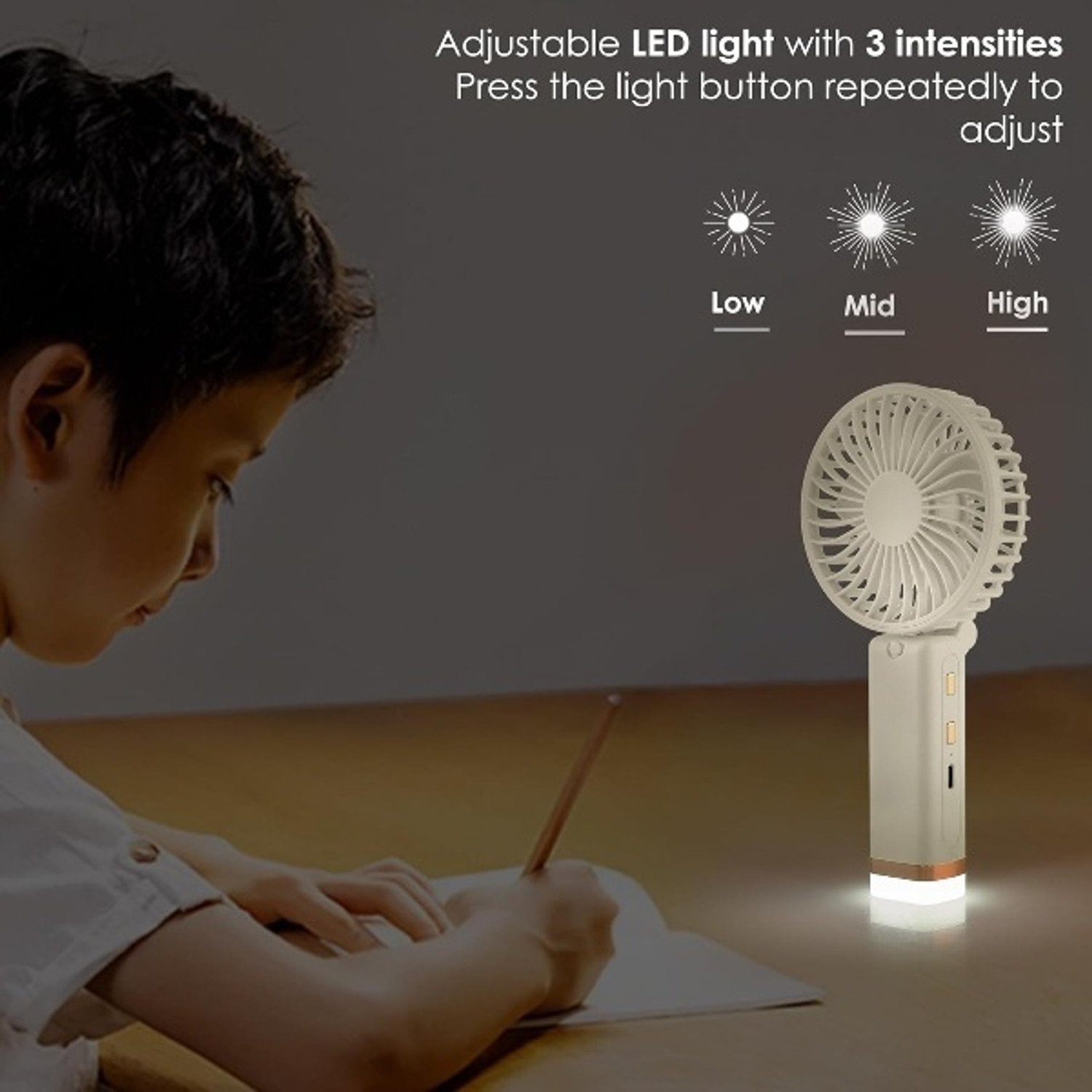 Image of PLERIZA Rechargeable with LED Light - Foldable Mini Fan, Small Fan,USB Charging Hand Fan with 1200mAh Battery & 3 Speed Modes | Travel, Makeup, Kitchen USB Fan