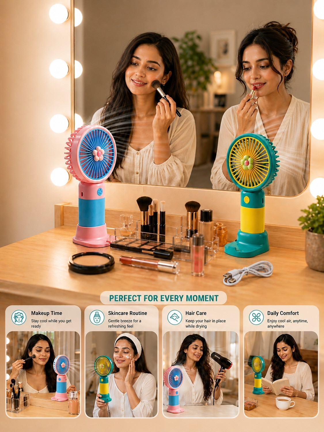 Image of DTwenty Natural Wind | 3 Speed Modes | Desktop & Hand Fan for Kids,Girls,Travel,Office Combo Portable USB Mini Fan (Pack of 2) USB Fan, Rechargeable Fan