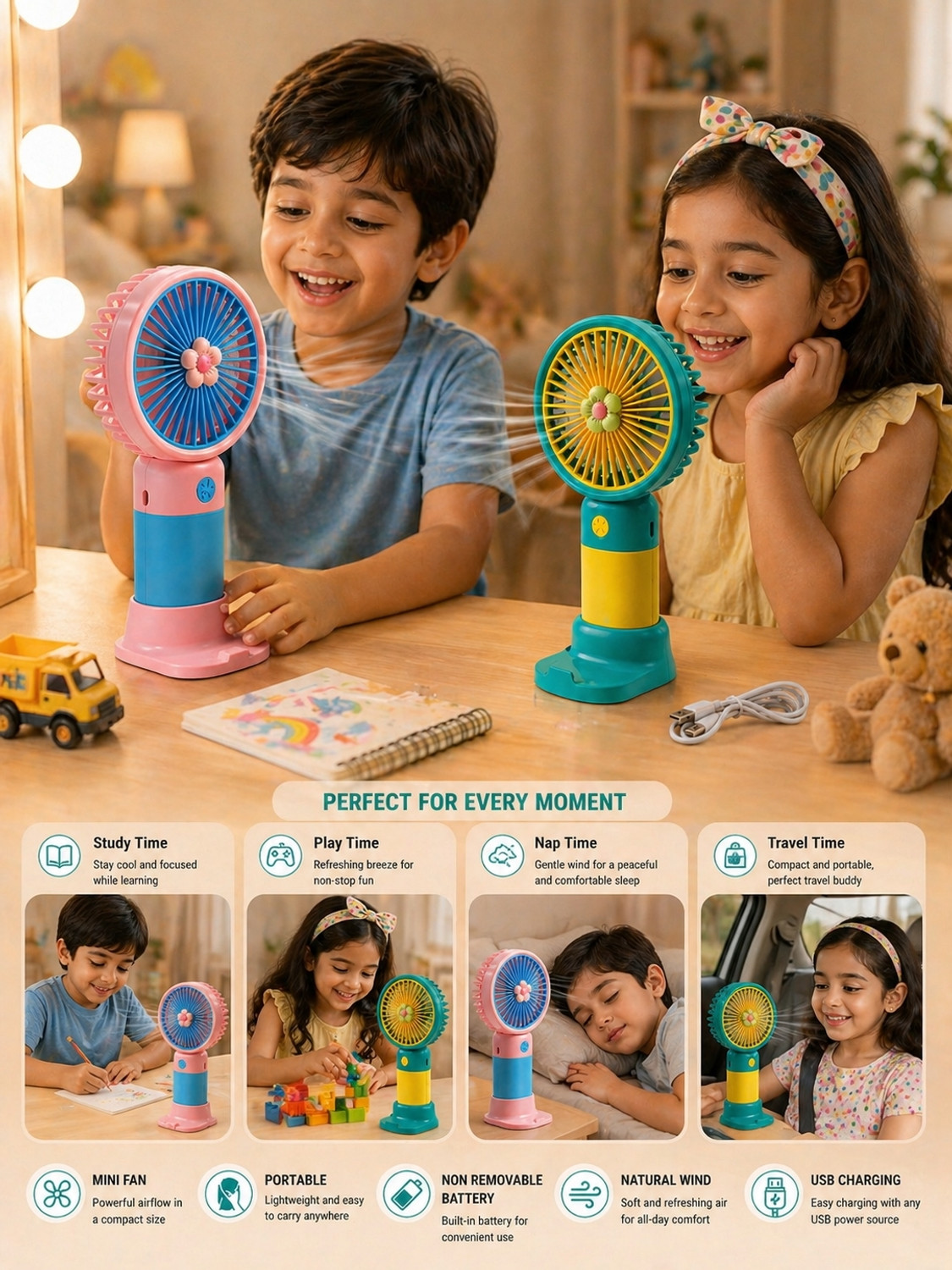 Image of DTwenty Natural Wind | 3 Speed Modes | Desktop & Hand Fan for Kids,Girls,Travel,Office Combo Portable USB Mini Fan (Pack of 2) USB Fan, Rechargeable Fan