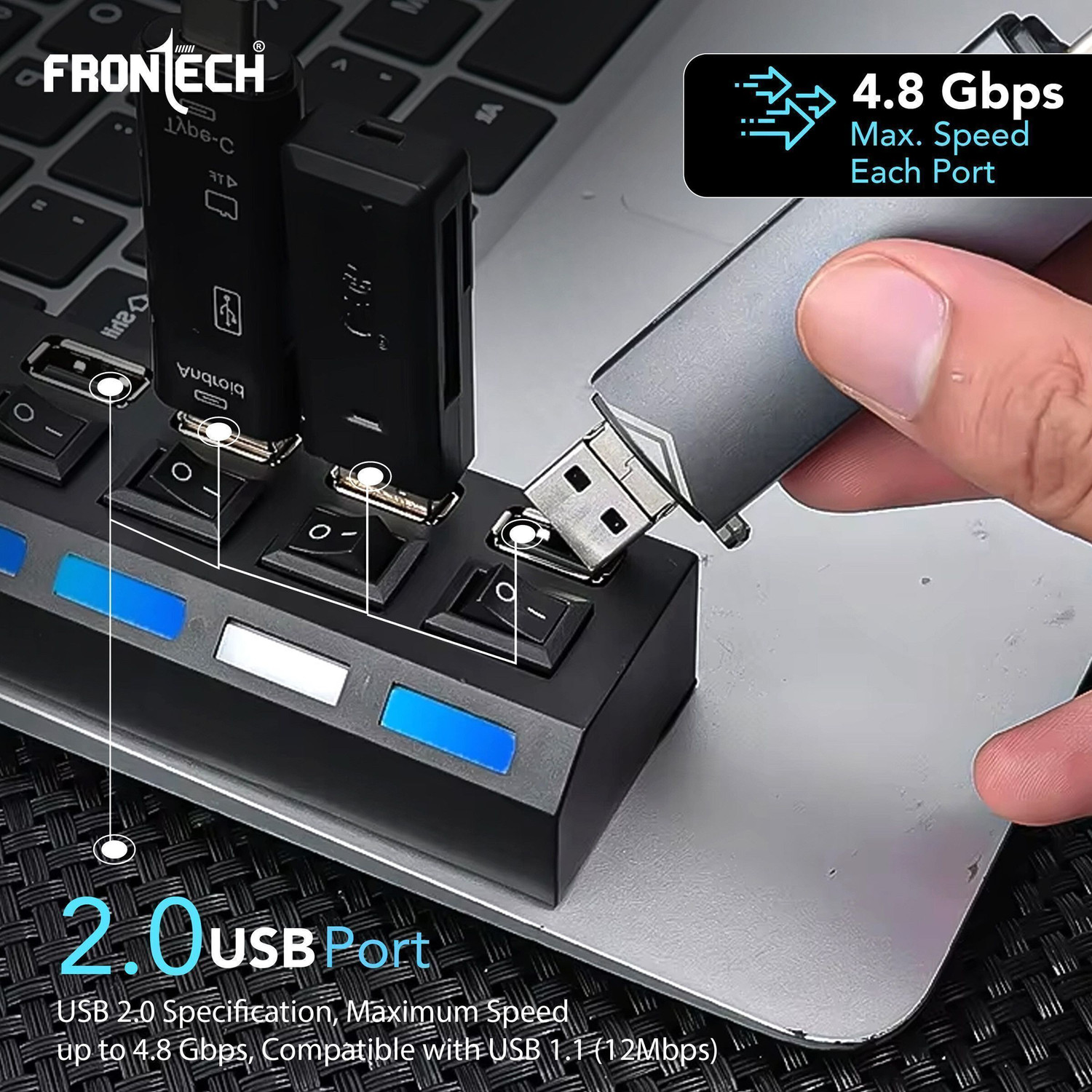 Image of Frontech 4-Port USB Hub with Individual On /Off Switches, LED Indicators, 40 cm Cable, NC-0033 USB Hub