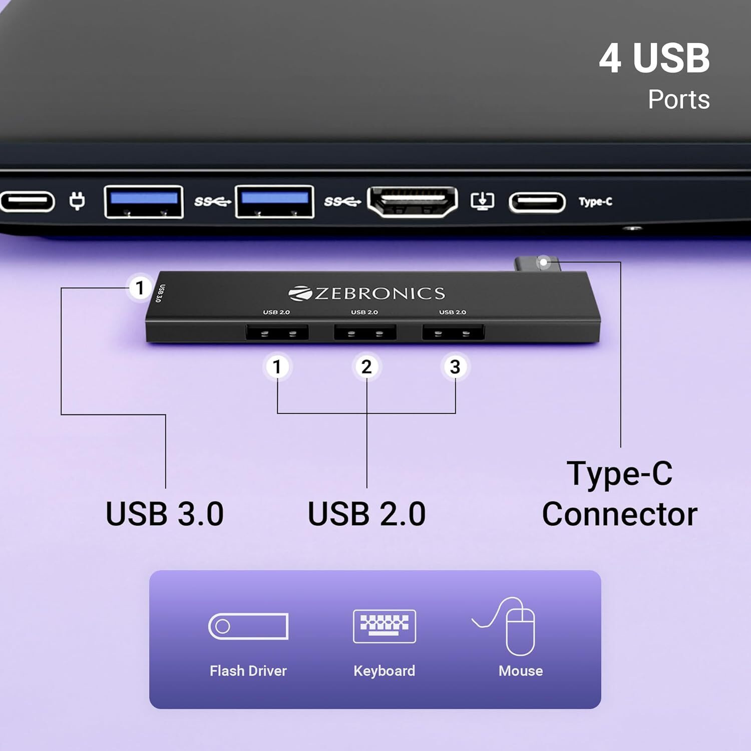 Image of ZEBRONICS 4 in 1 Type-C to USB Hub, USB 3.0, 4 USB Ports, Speeds Upto 5 Gbps Zeb-TA210U USB Hub
