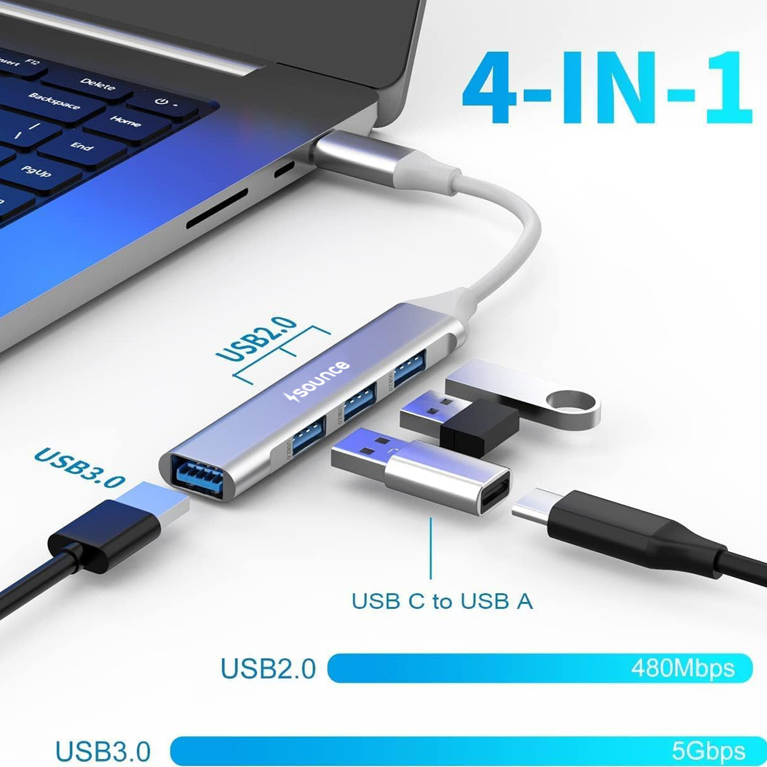 Image of sounce 4-in-1 Portable USB Hub with Aluminum Shell USB 3.0 for PC, Tablet, Smartphone Mini, USB | SNC-UH4P-WHT USB Hub