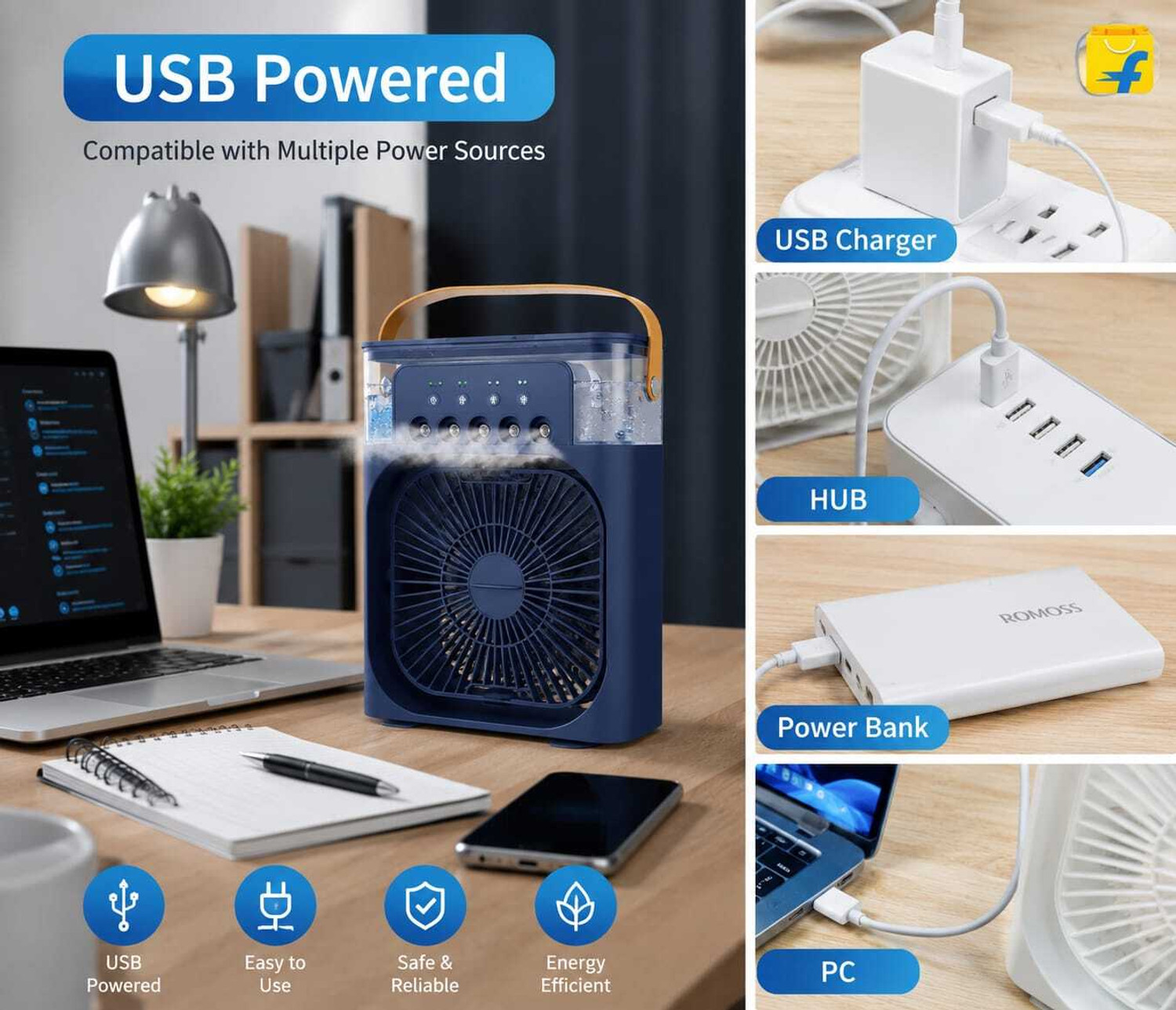 Image of SakhiHome Mini Portable 3 in 1 Air Cooler 10inch Mist Humidifier & USB Cable & LED Light MC-438 USB Air Cooler