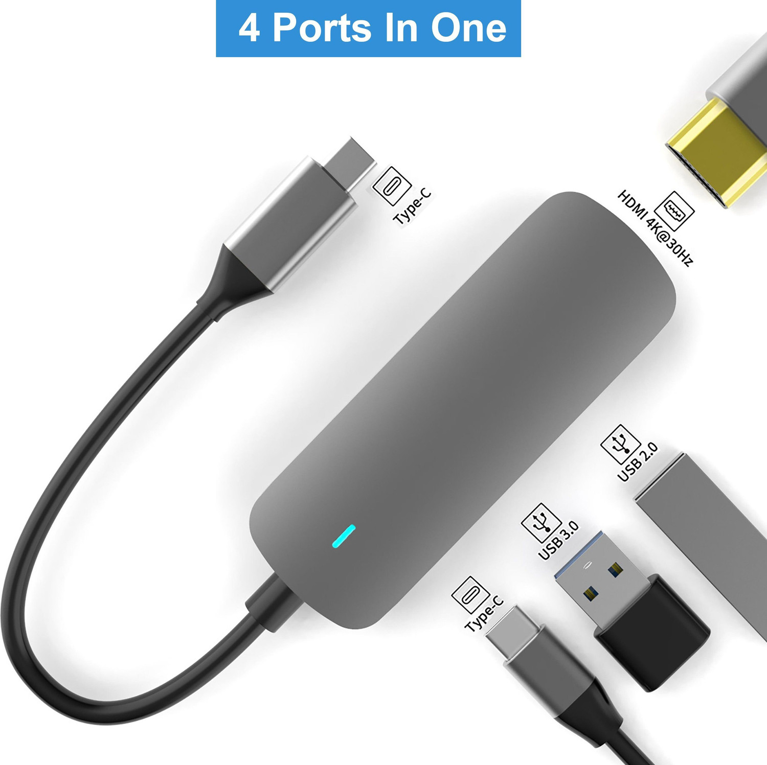 Image of Kapa USB C Type HUB 4 in 1 Adapter , Aluminium Multi Port Dongle Type-C to USB Ports, 4K HDMI Port, PD Charging Port For Macbook Pro /Air, Lenovo, Dell, Samsung Dex Other Type C Phones & Devices AT22258 Laptop Accessory, USB Hub