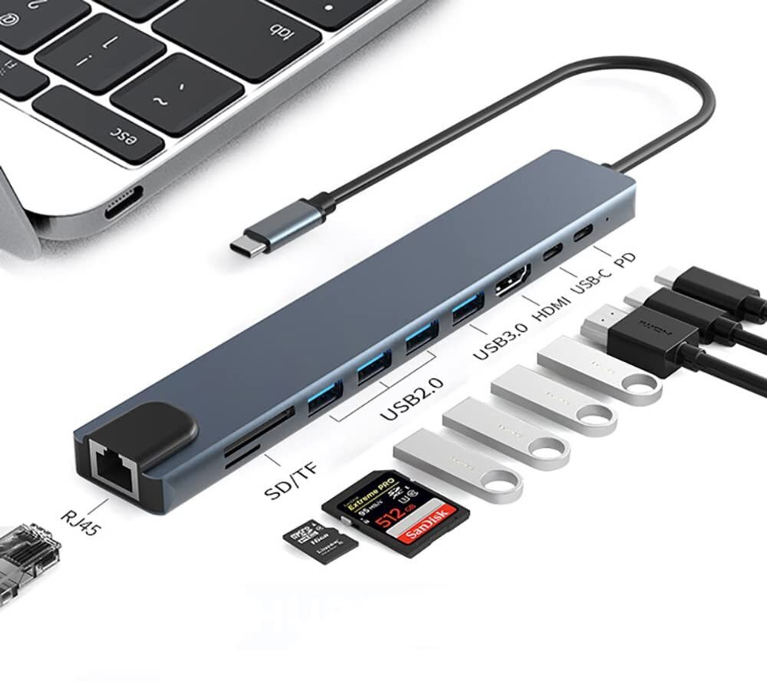 Image of ULTRABYTES 5Gbps Data Transfer Port, SD /TF Card Reader,1Gbps Ethernet RJ45 Hub 10-in-1 USB C Hub Multiport Adapter, with 4K HDMI, USB-C and 4-Slot USB 3.0 C Hub Multiport Adapter
