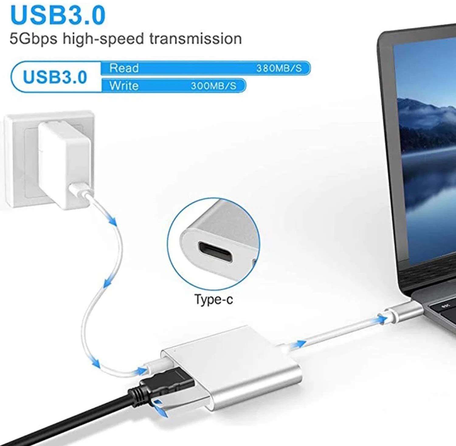 Image of Zeptrox 3-in-1 Cable 2 A 0.1 m Heavy Steel 3 in 1 USB Type C Hub Adapter to 4K HDTV Gaming Adapter