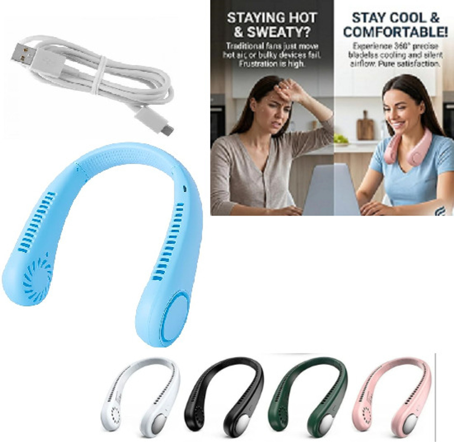 Image of KRITAM Neck Cooling Fan for Summer, Kitchen Women, Travel Outdoor Neck Fan with Cooling, Neck Fan Rechargeable Neck Air Conditioner USB Fan