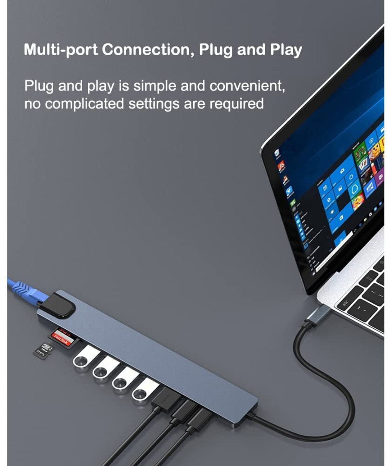 Image of ULTRABYTES 5Gbps Data Transfer Port, SD /TF Card Reader,1Gbps Ethernet RJ45 Hub 10-in-1 USB C Hub Multiport Adapter, with 4K HDMI, USB-C and 4-Slot USB 3.0 C Hub Multiport Adapter