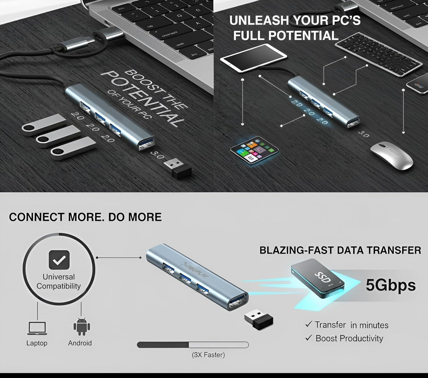 Image of Gentle e kart Portable 4 in 1 USB Hub Adapter 3.0 Data Compatible Laptop 3.0 USB USB Hub