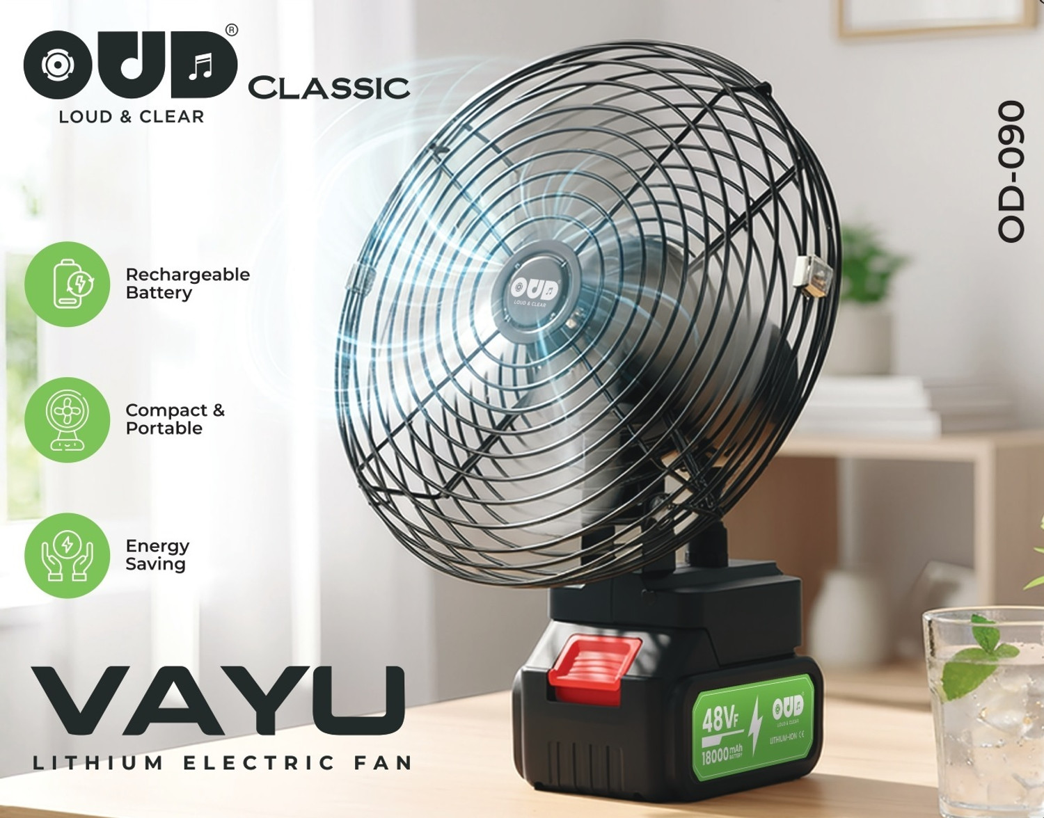 Image of OUD OUD -OD-090 8 INCH RECHARGEABLE FAN 8 INCH RECHARGEABLE VOILENT TABLE FAN WITH 10 LITHIUM ION BATTERY USB Fan