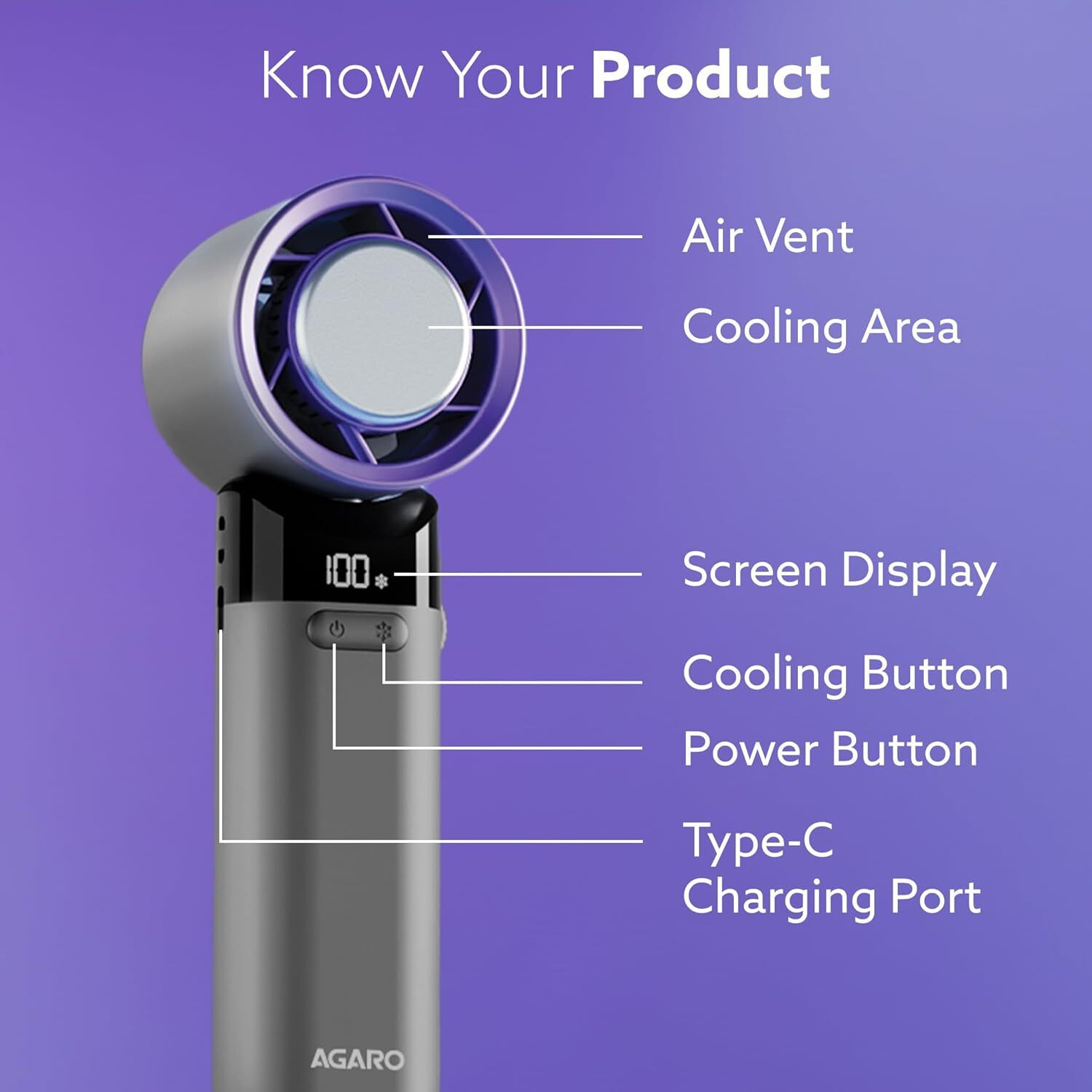 Image of AGARO Regency Mini Handheld Fan with Ice Touch Technology, 100 Adjustable Speeds 4000mAh Rechargeable Battery, USB-C Charging, Foldable Portable Fan USB Fan