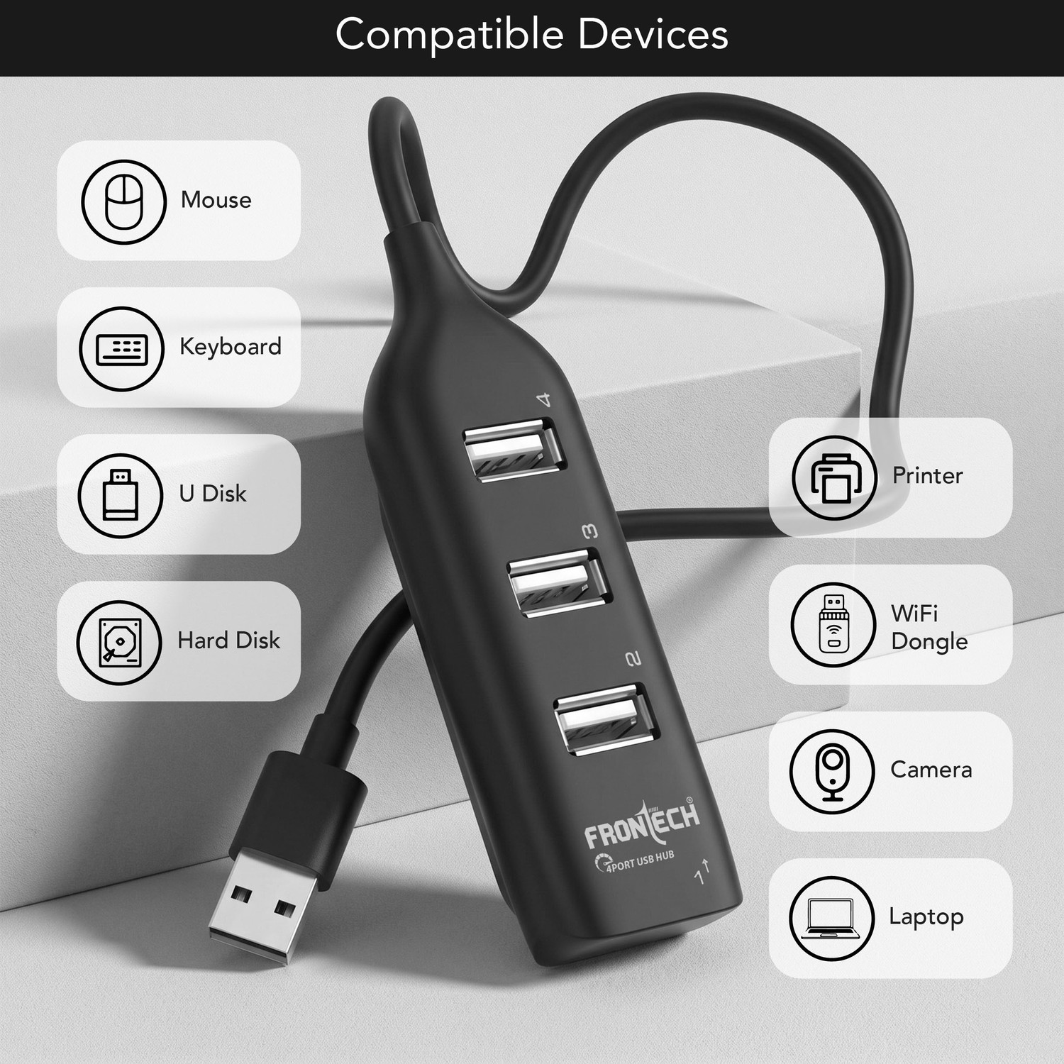 Image of Frontech 4 Port USB Hub, USB 2.0 Splitter Hub with 480 Mbps High-Speed Data Transfer NC-0085 USB Hub