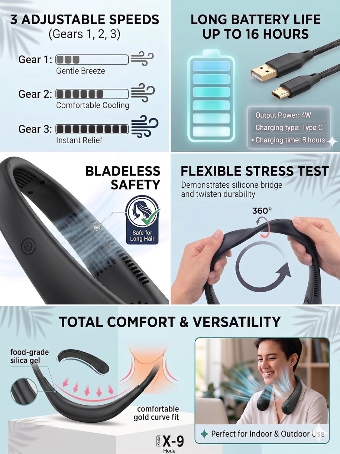 Image of VHN Combo Pack Neck Fan, Portable Bladeless Neck Fan Rechargeable, Pack of 2, 4000 mAH Battery USB 360 Quiet 3 Speeds Neck Fan, 1 Jerry Keychain Free, USB Fan