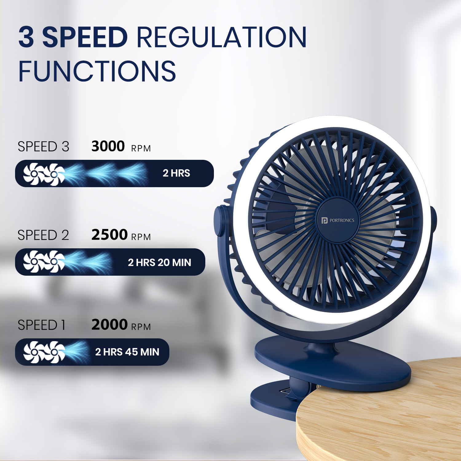 Image of Portronics ClipCool Portable Rechargeable Fan with Clip & Ring Light, 360 Rotatable POR-3050 USB Fan