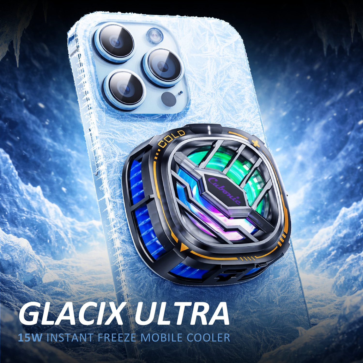 Image of Cubonic Glacix Ultra 15W Wired Magnetic Cooler Smart Chip Quiet RGB LED Display Type C 1 Fan Ergonomic Cooling Pad with Adjustable Height