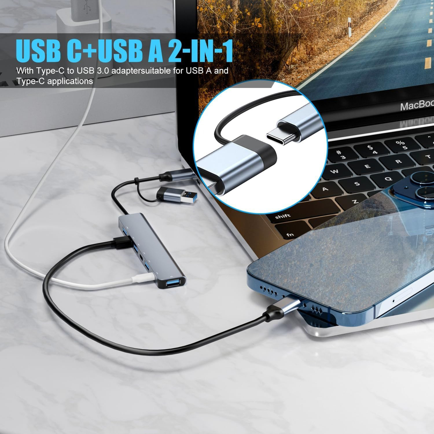 Image of Foxne Point Type-C with USB 3.0,1xUSB 2.0 & TypeC 3.0 PD 7-in-1 Type-C 4K HDMI, 3.0,2xUSB 2.0 & Type C 3.0 PD, SD & Micro SD USB Hub