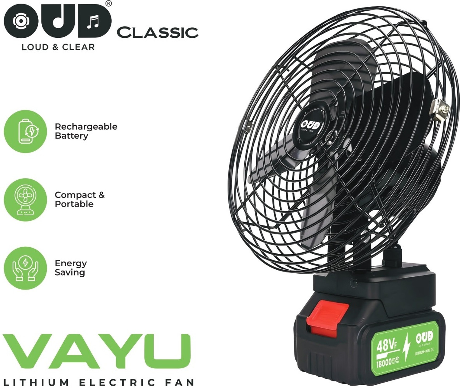 Image of OUD OUD -OD-090 8 INCH RECHARGEABLE FAN 8 INCH RECHARGEABLE VOILENT TABLE FAN WITH 10 LITHIUM ION BATTERY USB Fan