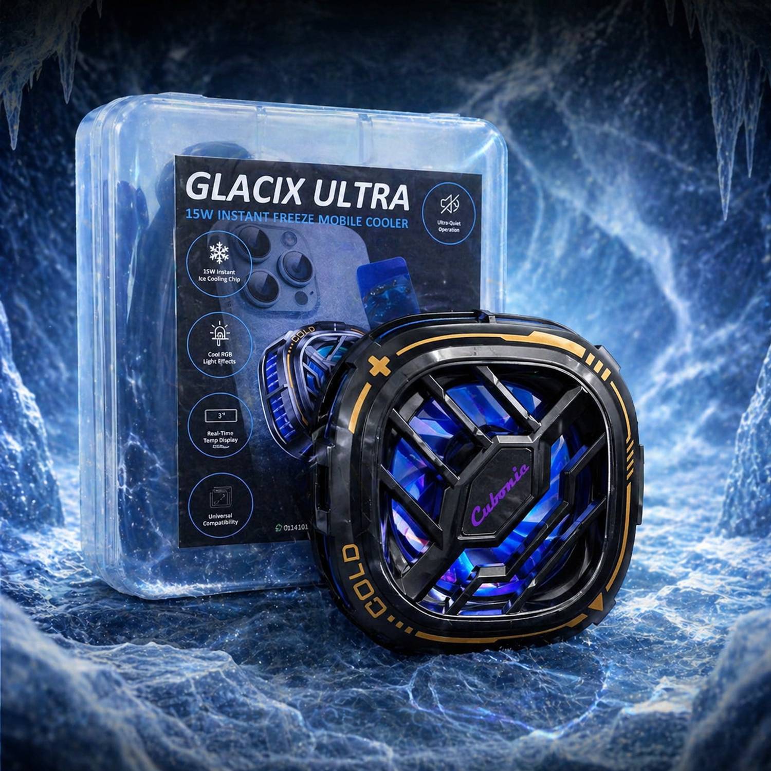 Cubonic Glacix Ultra X76 Ice Pro 15W, RGB LED Display 1 Button Quiet Operation Radiator for Instant Cooling Magnetic/Clip/Metal Adhesive Compatible for All Gadgets USB Fan