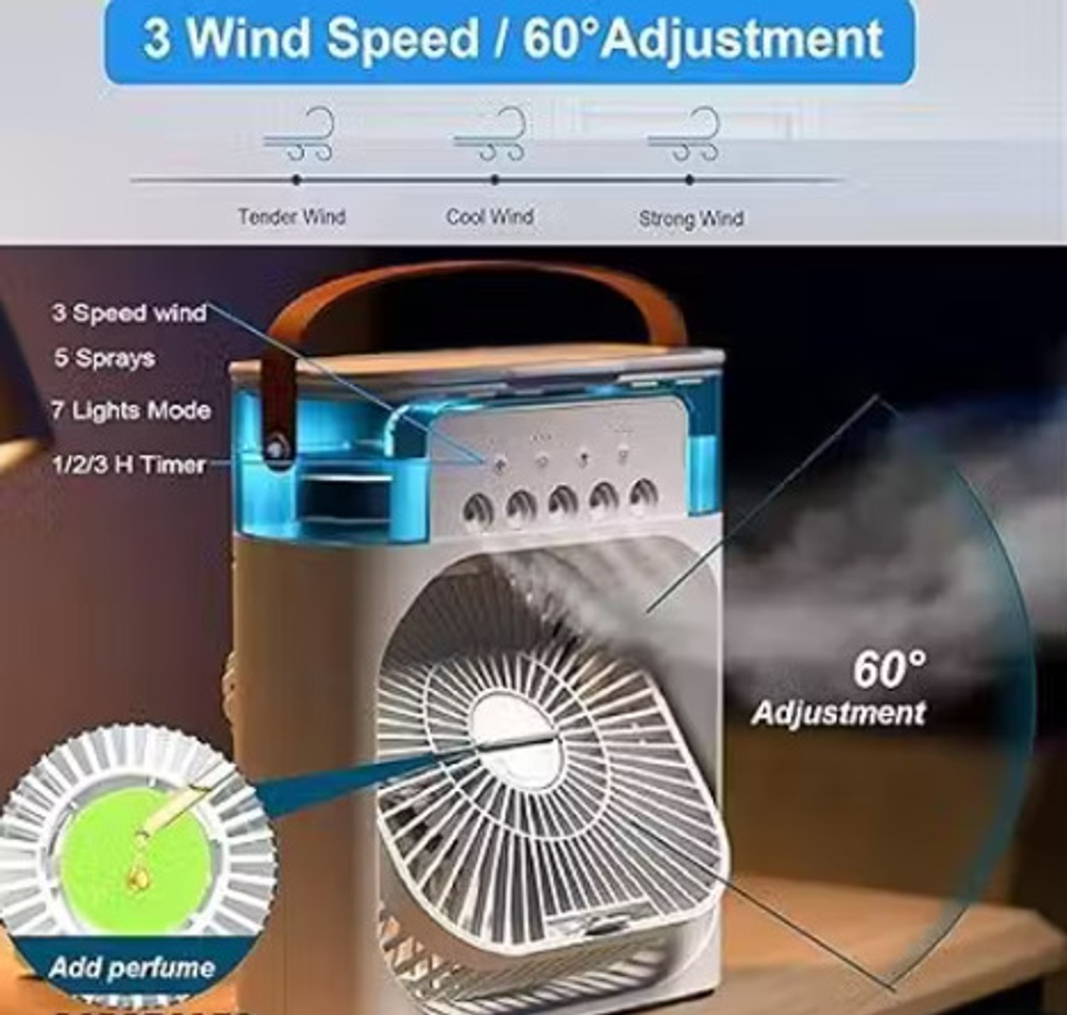 Image of gadget bloom Mystic Wrap Mini AC Room Cooler Fan with 7-Color LED, 3 Speeds,Sprays,Hour Timer Mist Fan Mini USB Air Cooler