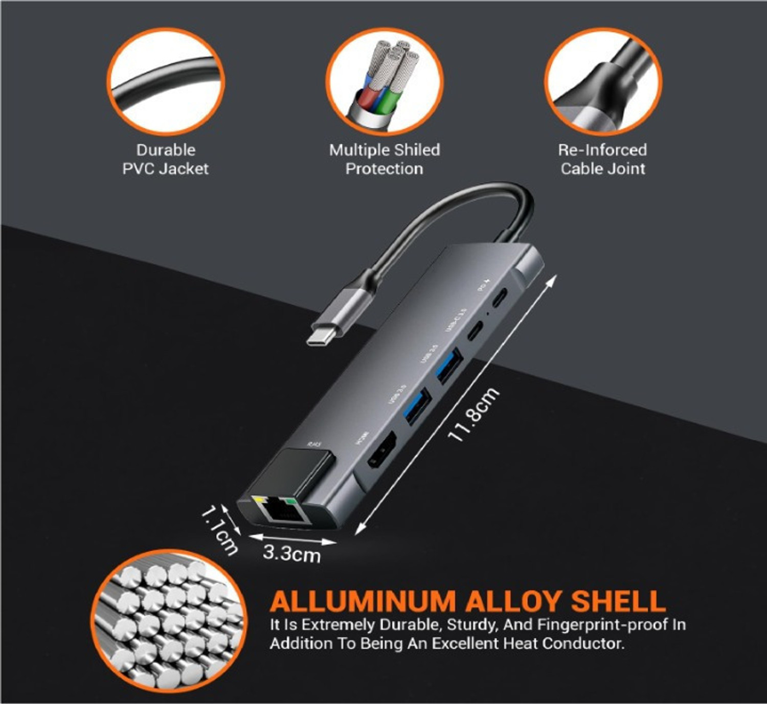 Image of Aliens 6-in-1 Type-C Hub to HDMI 4K@30Hz, 2 USB 3.0 Data USB-C 3.0 Data, 100W PD with 1000M Ethernet RJ45, MultiPort Adapter USB Hub