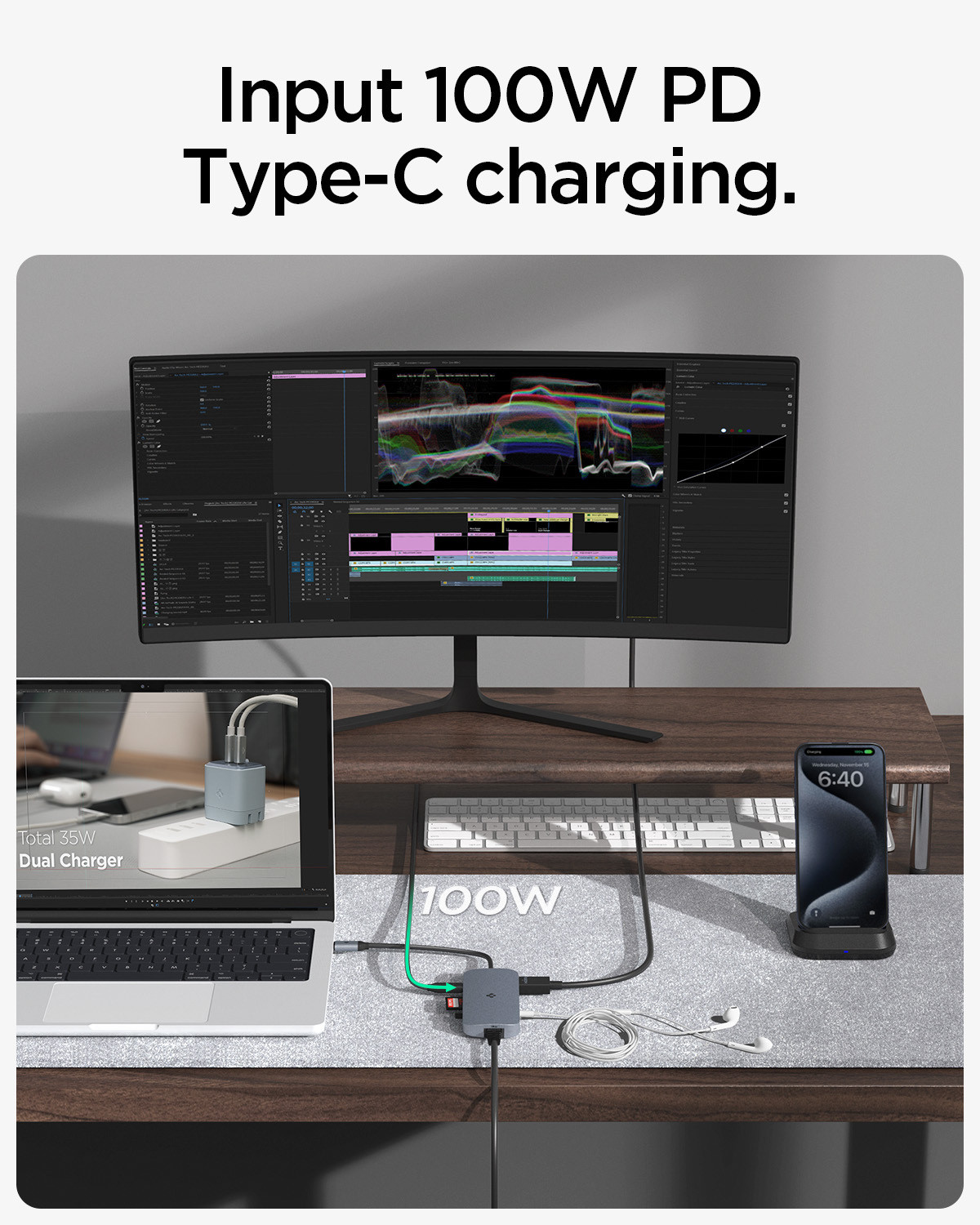 Image of Spigen 100W PD, HDMI 4K 30Hz, USB-C 5Gbps, 2 x USB-A 5Gbps, Ethernet, Audio, SD /microSD Data Ethernet Port, Audio jack, microSD /SD Card Reader USB Hub