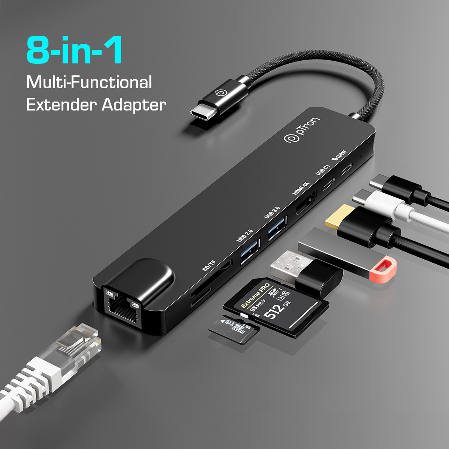 Image of PTron Nexo 8-in-1 USB-C Hub Multiport Adapter w / 4K HDMI 140319756 USB Hub