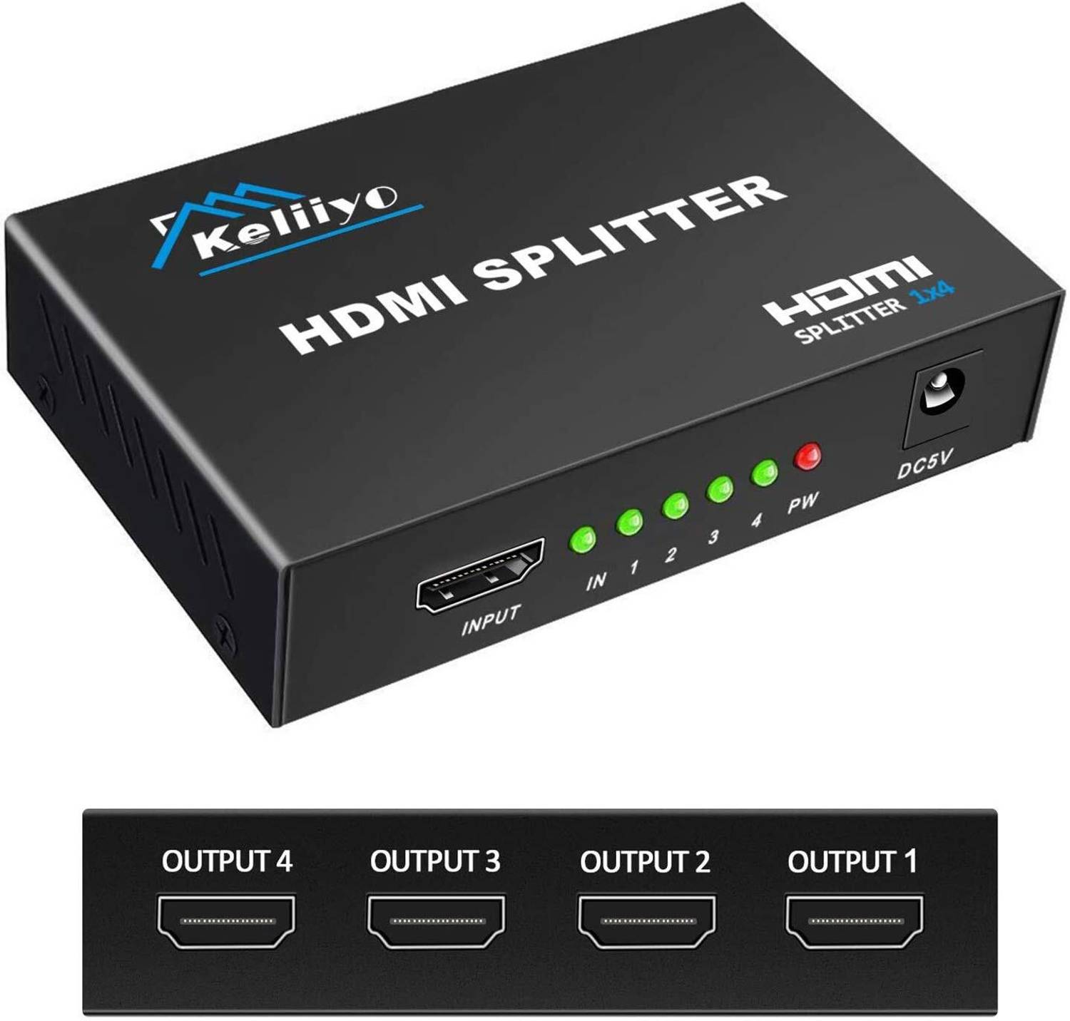 1Goal HDMI Splitter Keliiyo 1X4 Ports Powered V1.4b Video Converter with Full Ultra HD 1080P 4K/2K and 3D Resolutions (1 Input to 4 Outputs) HDMI Connector