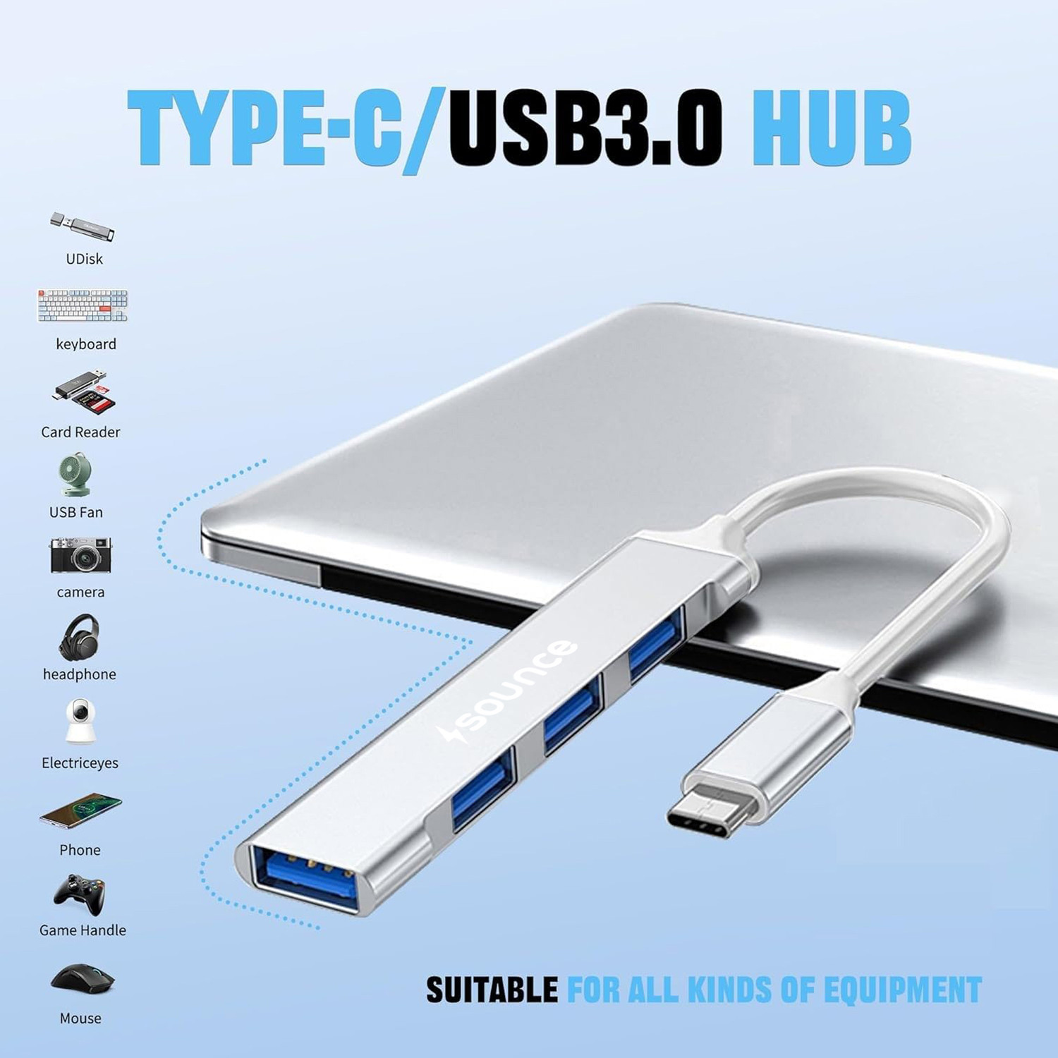 Image of sounce 4-in-1 Portable USB Hub with Aluminum Shell USB 3.0 for PC, Tablet, Smartphone Mini, USB | SNC-UH4P-WHT USB Hub