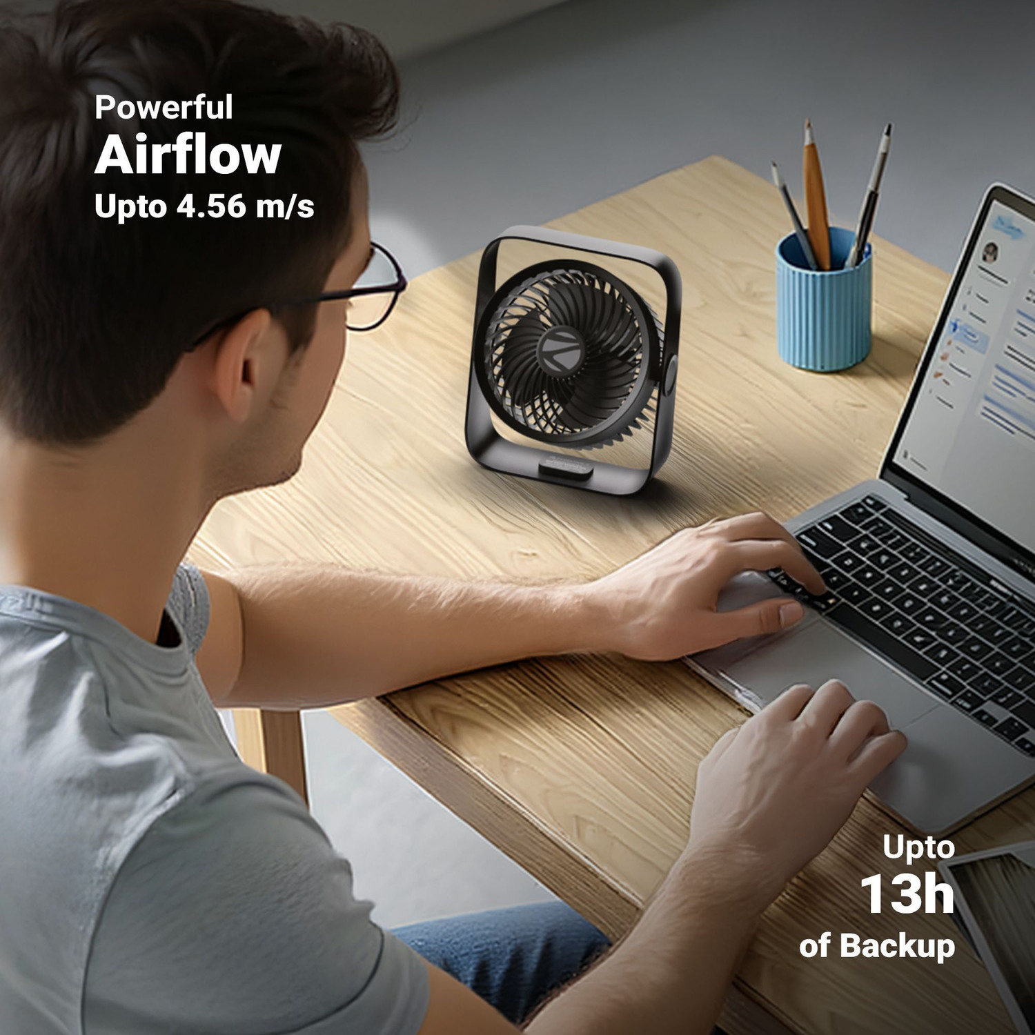 Image of ZEBRONICS Portable Desk, Upto 13h Backup, 3600mAh Rechargeable Battery, 4 Speed Modes Zeb-Heat Buster 300 USB Fan