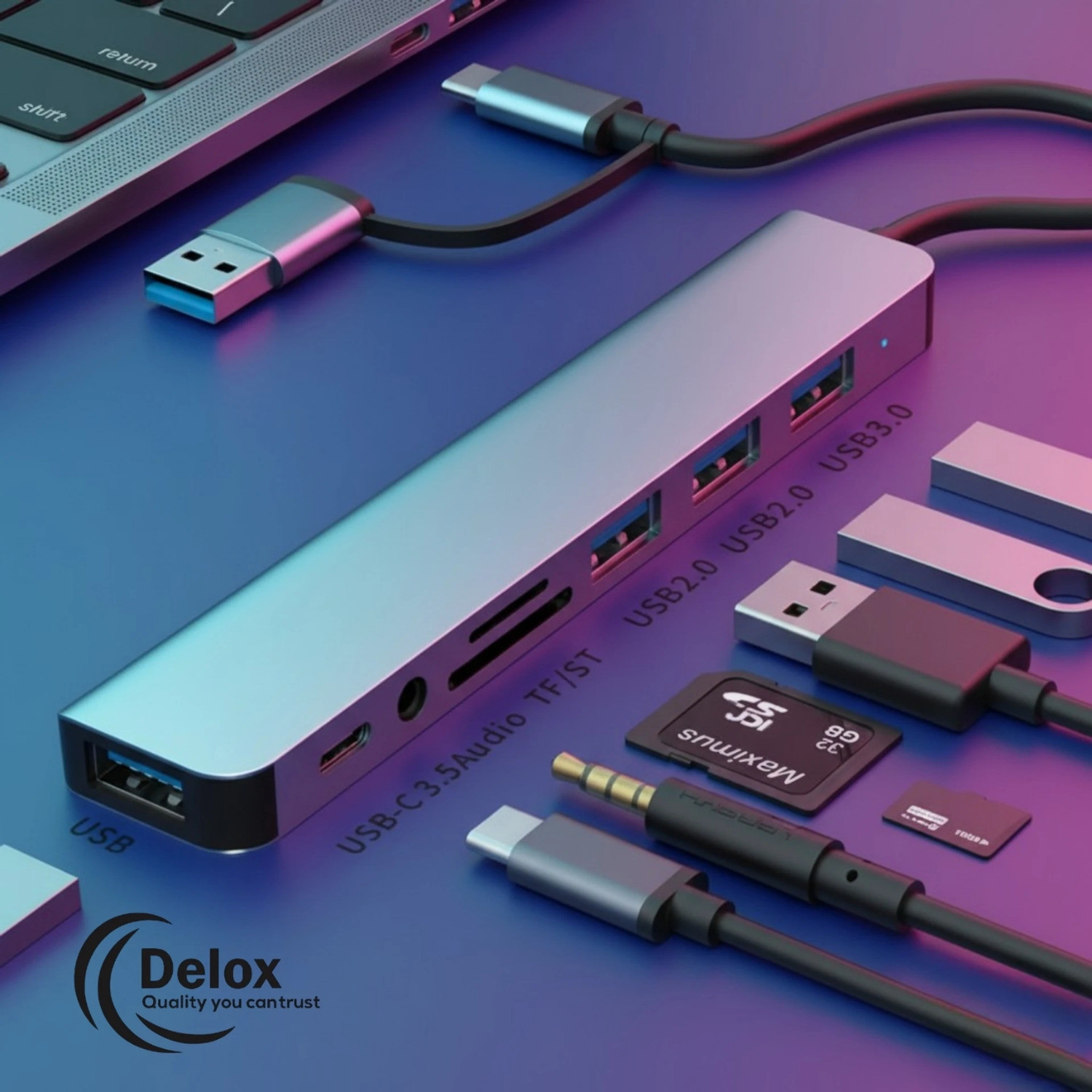 Image of DELOX Card Reader & Audio USB hub Type-C 8 in 1 USB Hub 8-in-1 USB Hub 3.0 Multi USB Hub