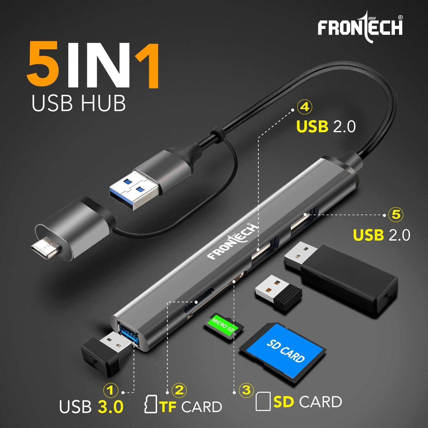Image of Frontech 5-in-1 USB Hub 3.0| Dual Input Type-C /USB-A /SD /TF | 5Gbps Data Transfer NC-0040 Card Reader, USB Hub