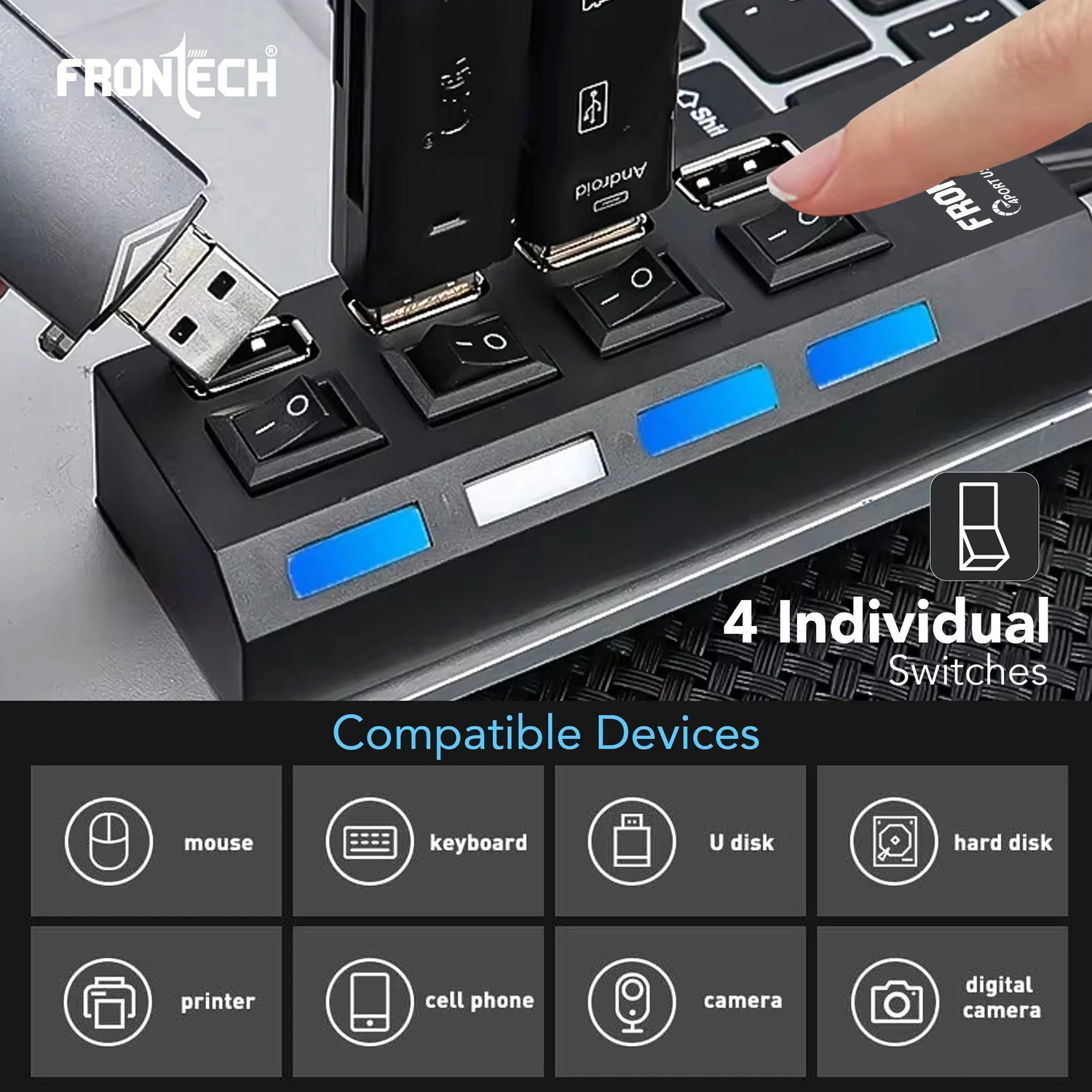 Image of Frontech 4-Port USB Hub with Individual On /Off Switches, LED Indicators, 40 cm Cable, NC-0033 USB Hub