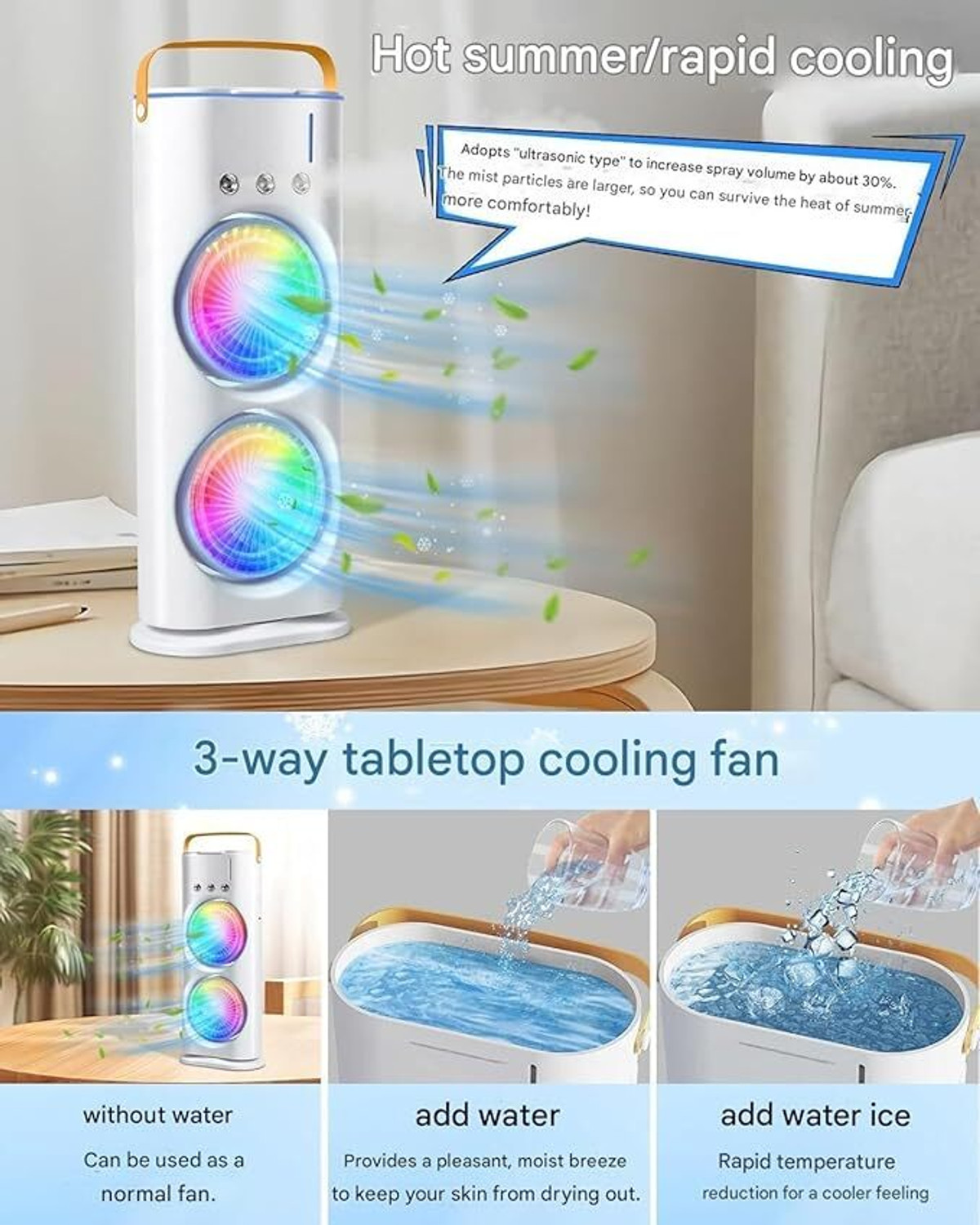 Image of Hevats LED Light, Personal Table Fan, Evaporative Air Cooler, Humidifier Fan for Office Double Sided Cooling Fan - USB Portable Mist Fan with Dual Heads USB Air Cooler