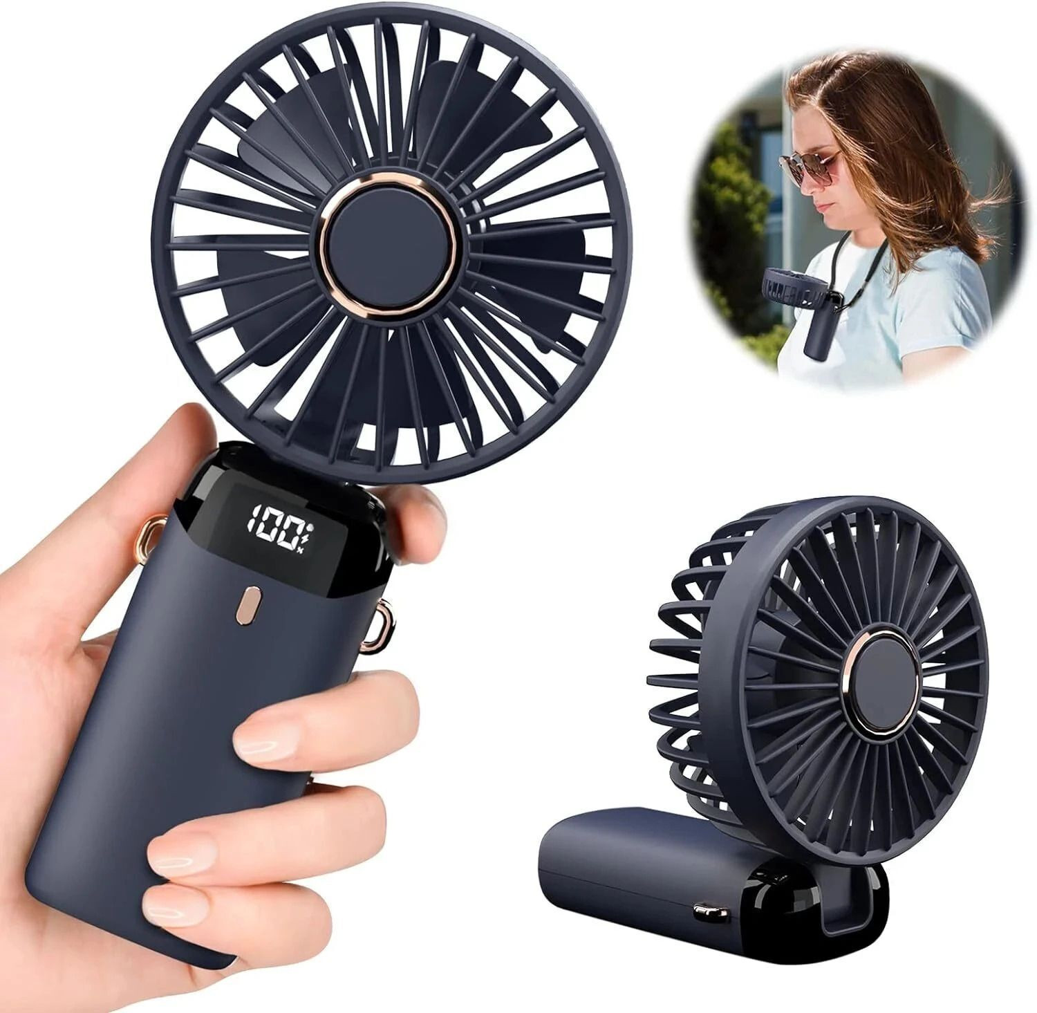 Image of Mobixa Blue Mini Portable Fan,Powerful Hand Fan 1800 mah 5 Speed Fan for Indoor,Outdoor Mini fan with display Rechargeable Fan