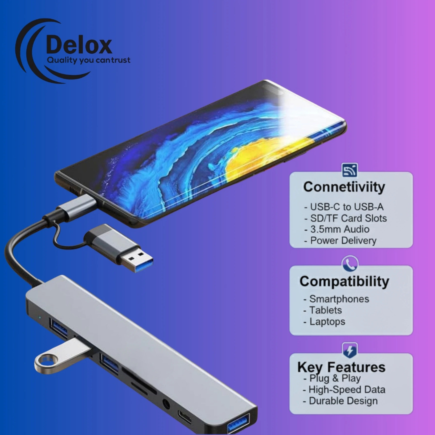 Image of DELOX Card Reader & Audio USB hub Type-C 8 in 1 USB Hub 8-in-1 USB Hub 3.0 Multi USB Hub