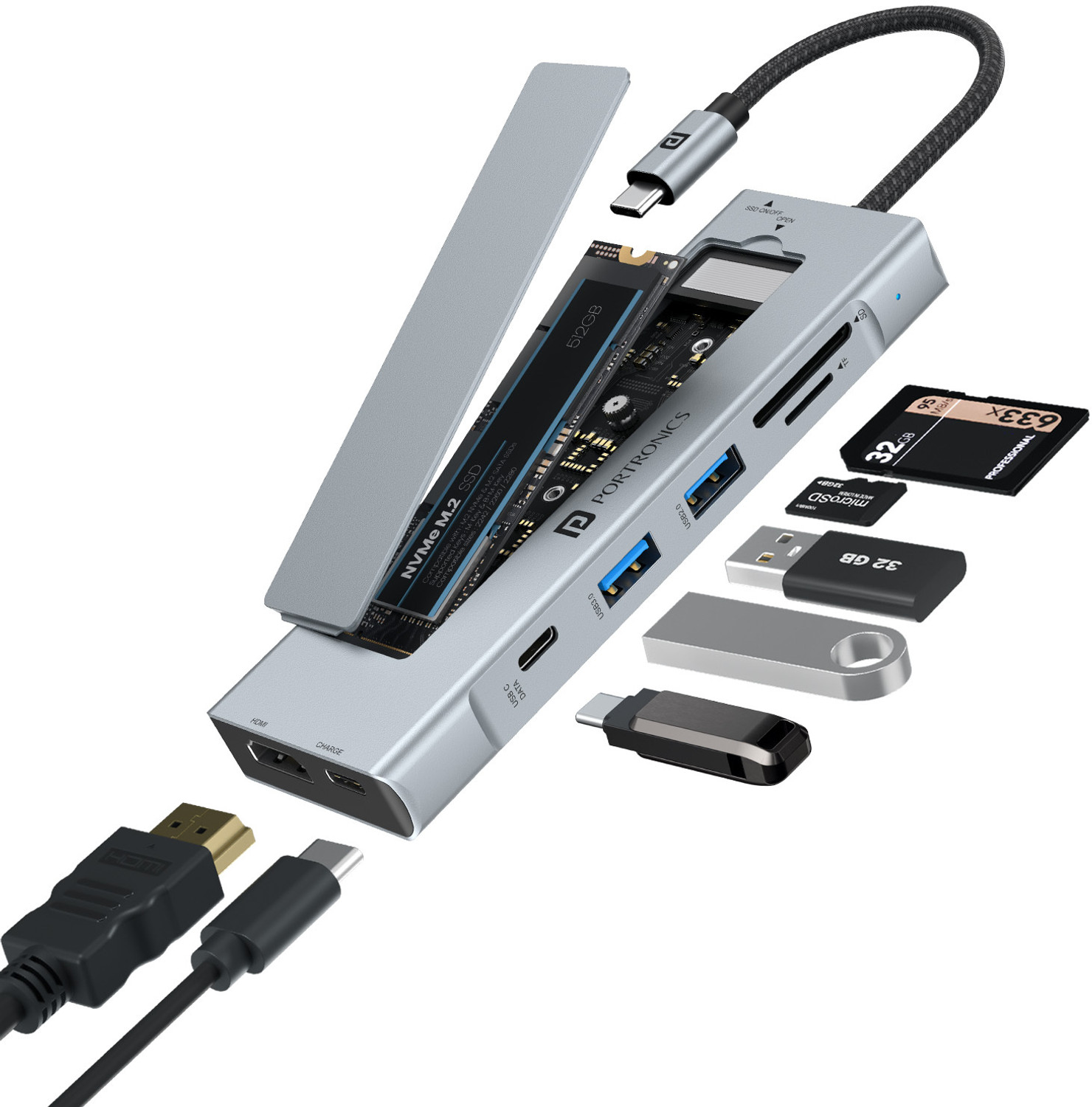 Image of Portronics Mport Space 8-in-1 Type-C Hub, Built-in M.2 SSD Slot, 100W PD Charging, 4K HDMI USB Hub