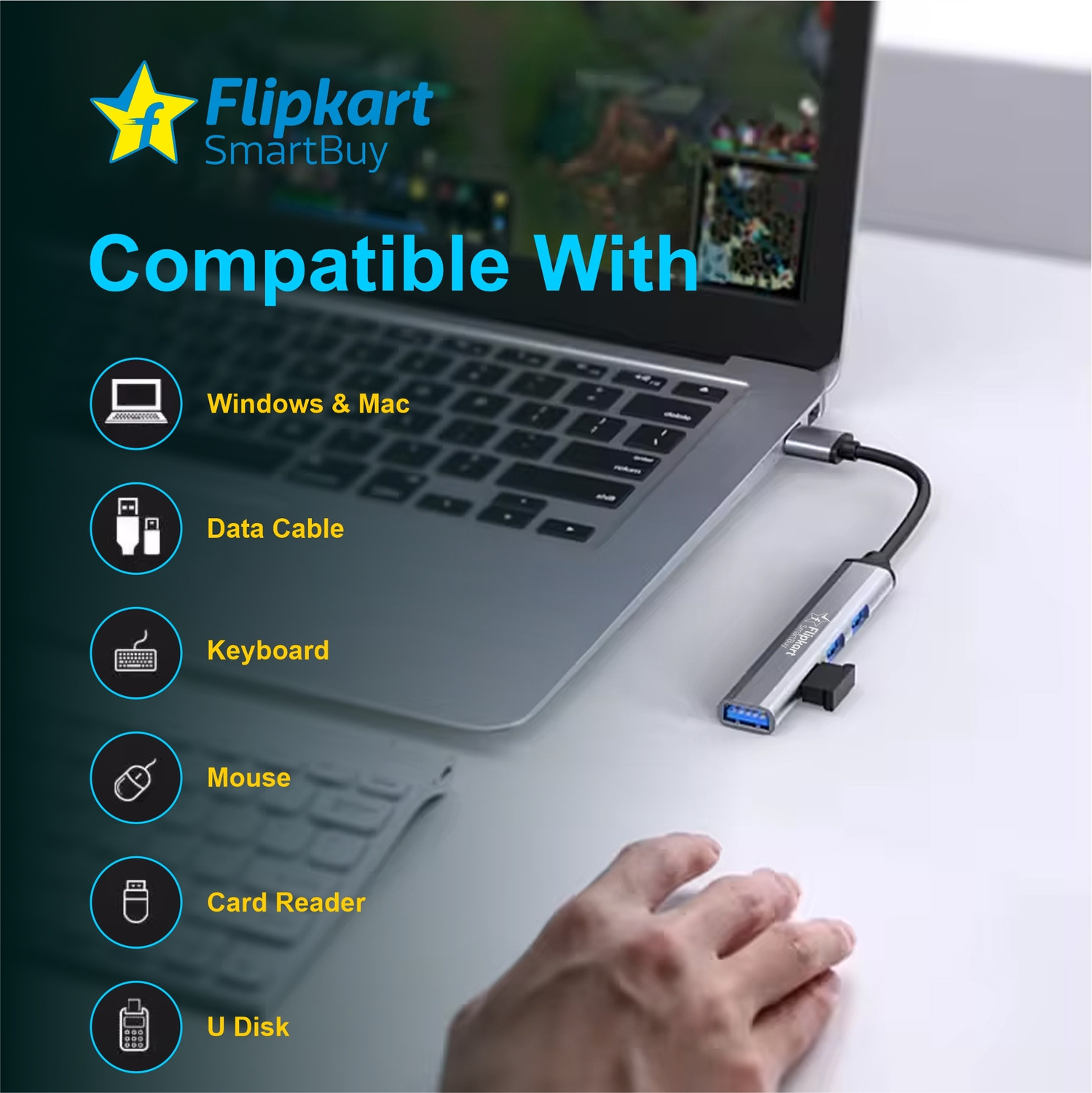 Image of Flipkart SmartBuy 4 Port USB & Type-C Hub USB 3.0 + 3 USB 2.0 Aluminum Body FKSB-4H USB Hub