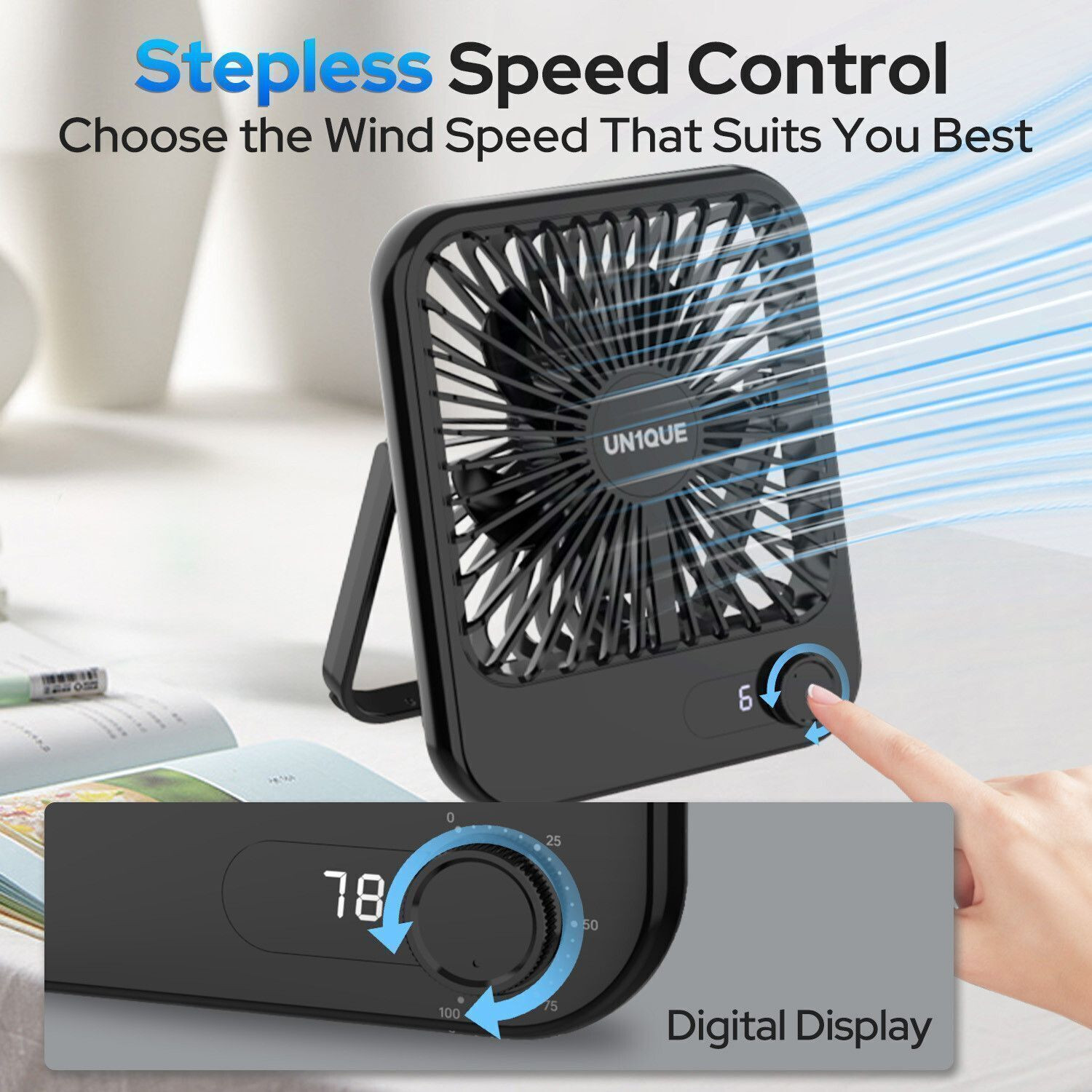 Image of UN1QUE Portable Clip on Fan Battery Operated, Powerful USB Table Fan, 3 Speed Portable Clip on Fan Battery Operated, Powerful USB Table Fan, 3 Speed Laptop Accessory, Rechargeable Fan, USB Air Cooler, USB Air Freshener, USB Air Purifier