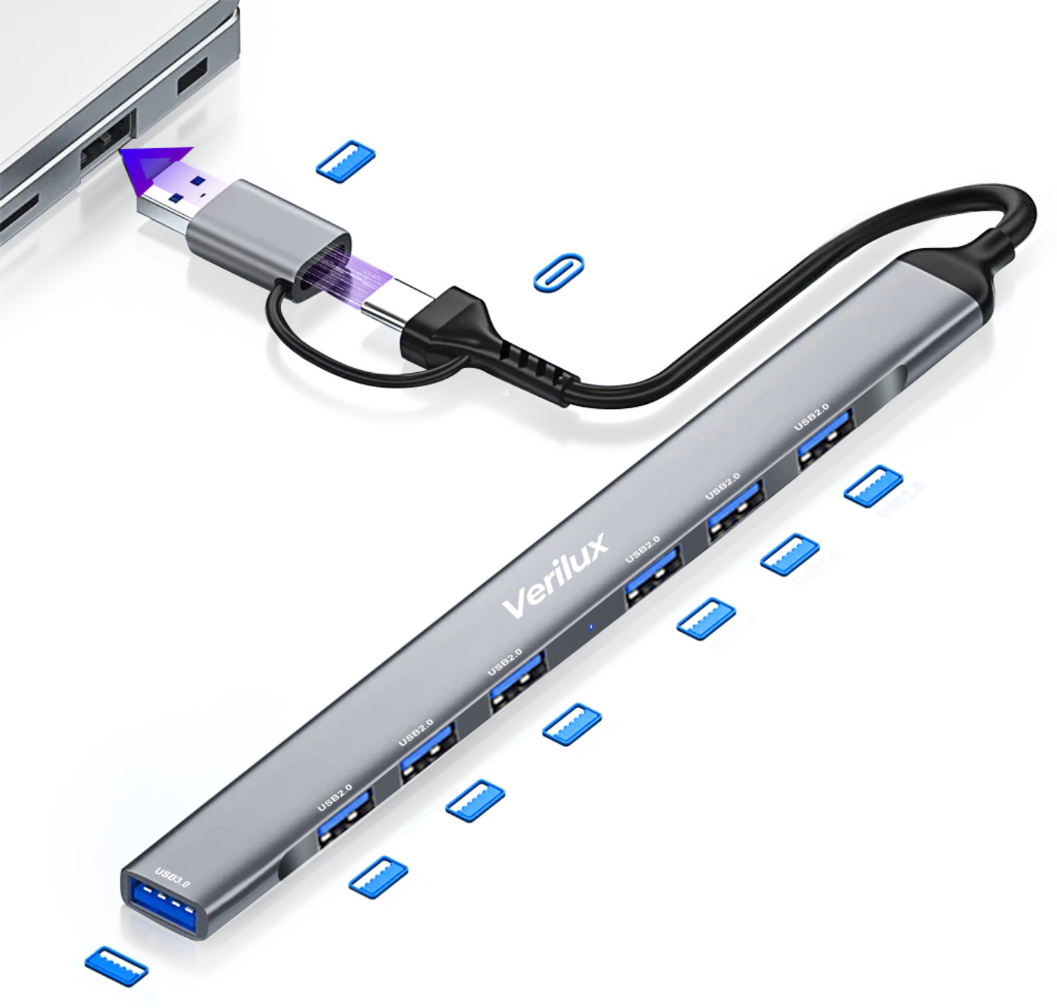 Image of Verilux USB Hub 7 in 1 High Speed USB 3.0 Hub Multiport USB Hub Support Charging &Data Splitter USB Hub USB Port Extension Hub for PC, Laptop, Phone, Mouse, Keyboard USB Hub