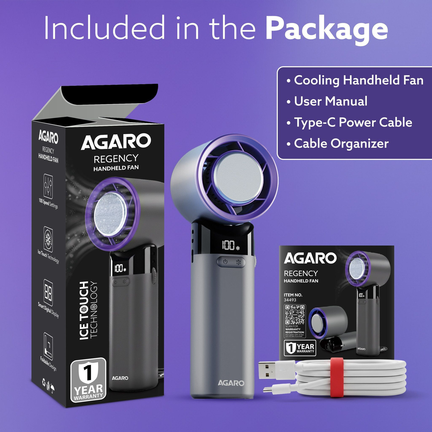 Image of AGARO Regency Mini Handheld Fan with Ice Touch Technology, 100 Adjustable Speeds 4000mAh Rechargeable Battery, USB-C Charging, Foldable Portable Fan USB Fan