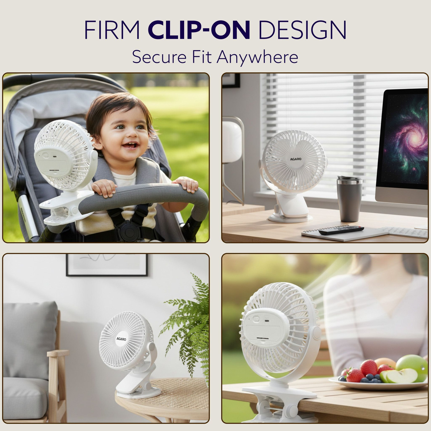 Image of AGARO Regal Portable Clamp Fan | Rechargeable USB-C Compatible Table Fan with 3 Speeds, Multi-Clip Function, 3400 RPM & 5 Hours Runtime USB Fan