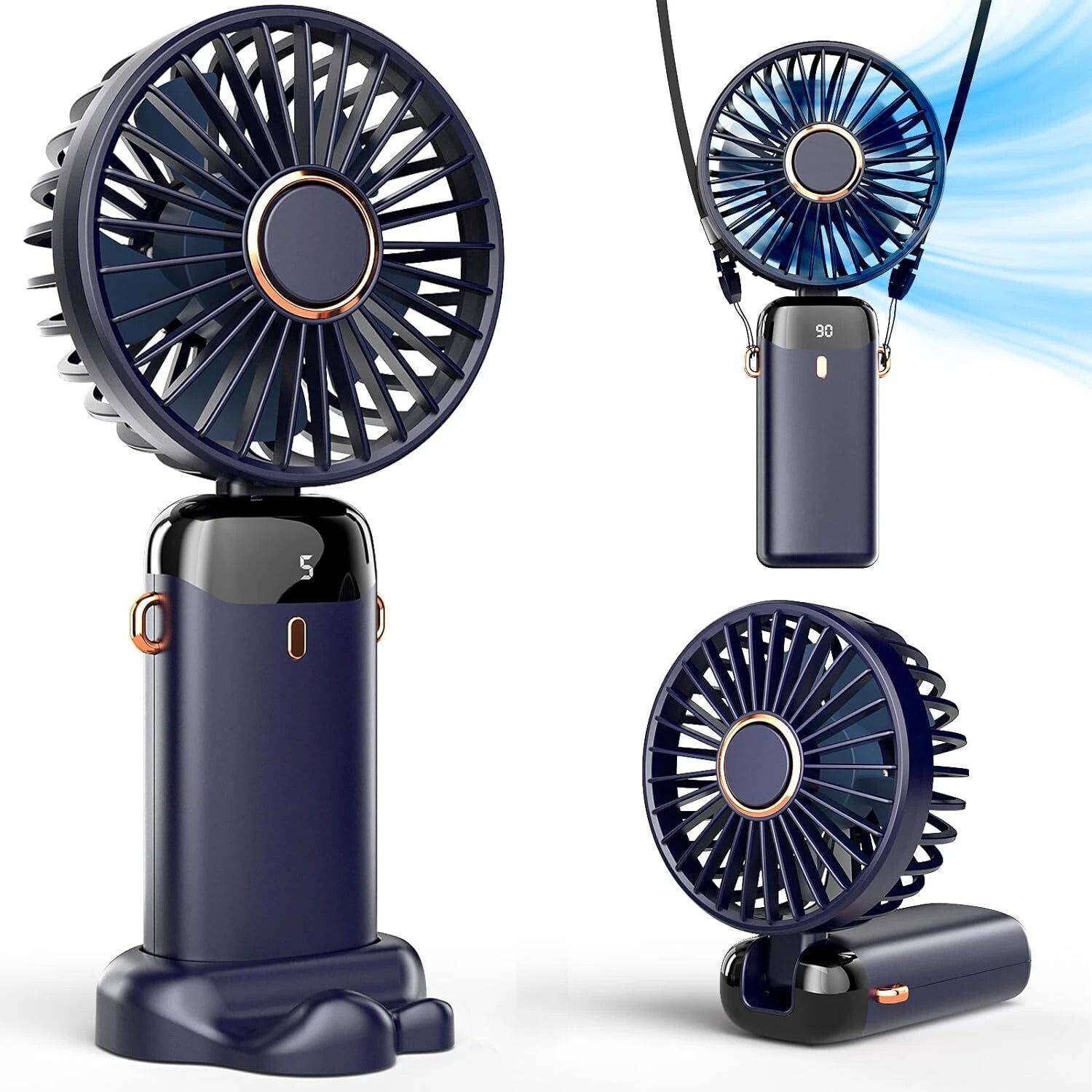 Hokiit Blue Mini Hand Fan, 5-Speed USB Rechargeable