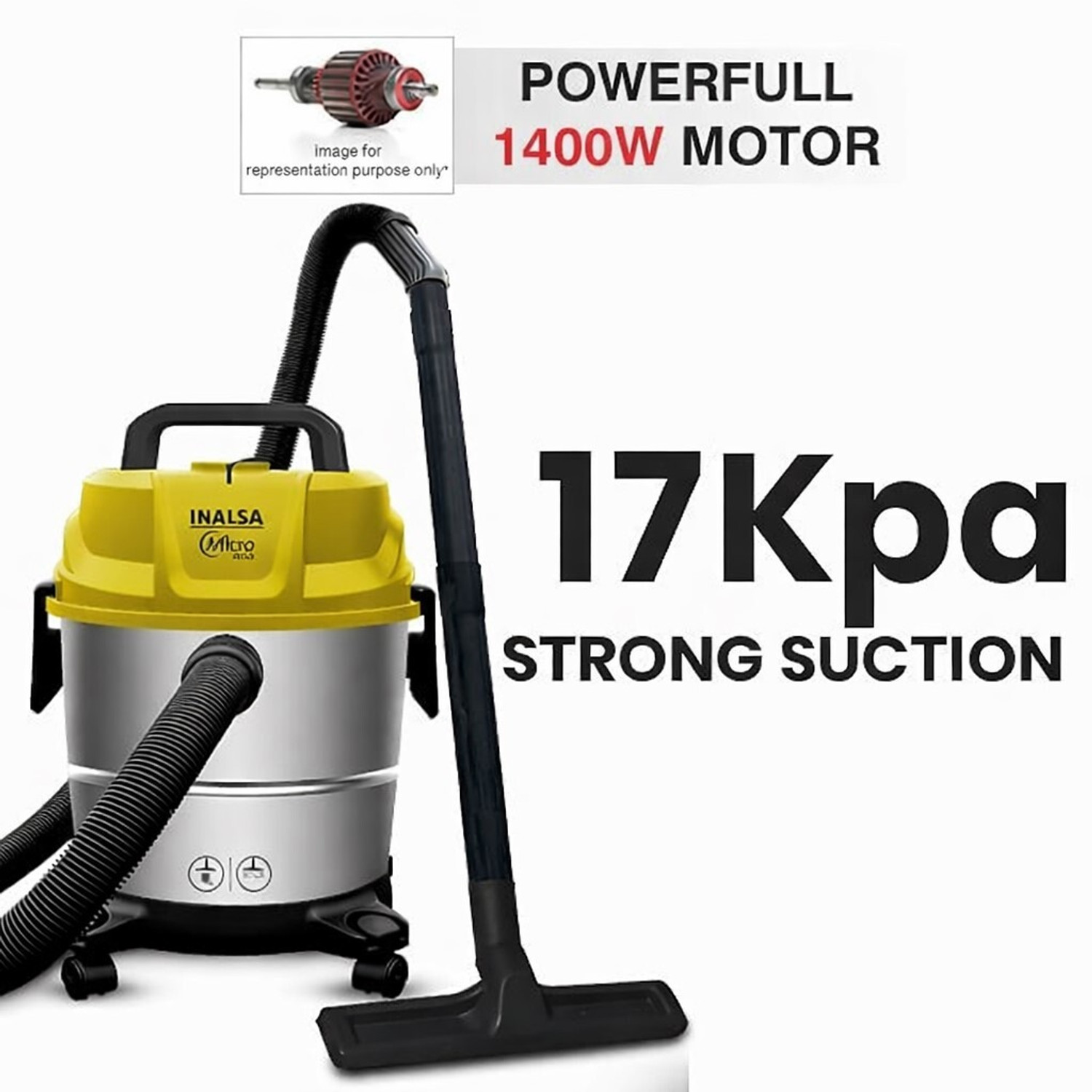 Image of Inalsa Micro WD15 Wet & Dry Vacuum Cleaner 15 LTR Capacity,1400 W, 17 kPa Suction, Blower Function,HEPA Filter, Wet Vacuum Cleaner for Sofa, House Cleaning Machine,Stainless Steel Body with 2 in 1 Mopping and Vacuum