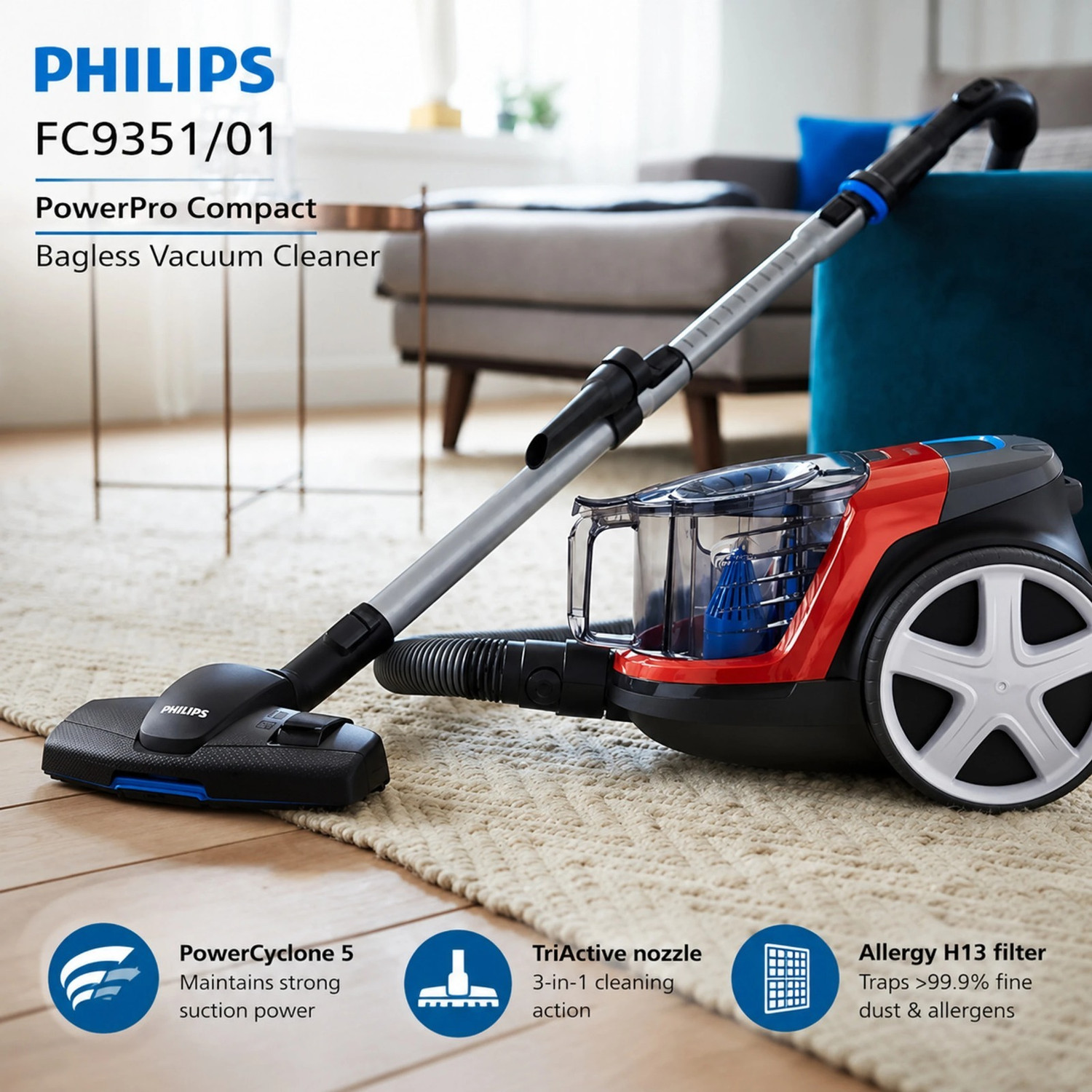 Image of PHILIPS FC9351 /01 Dry Vacuum Cleaner with 2 in 1 Mopping and Vacuum, Anti-Bacterial Cleaning, Reusable Dust Bag