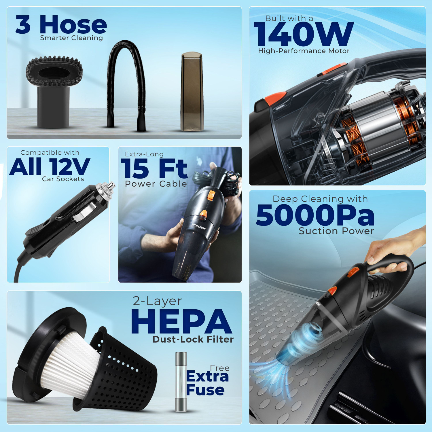Image of Woscher 2003 /140W VACUUM MOTOR & 5000PA Car Vacuum Cleaner