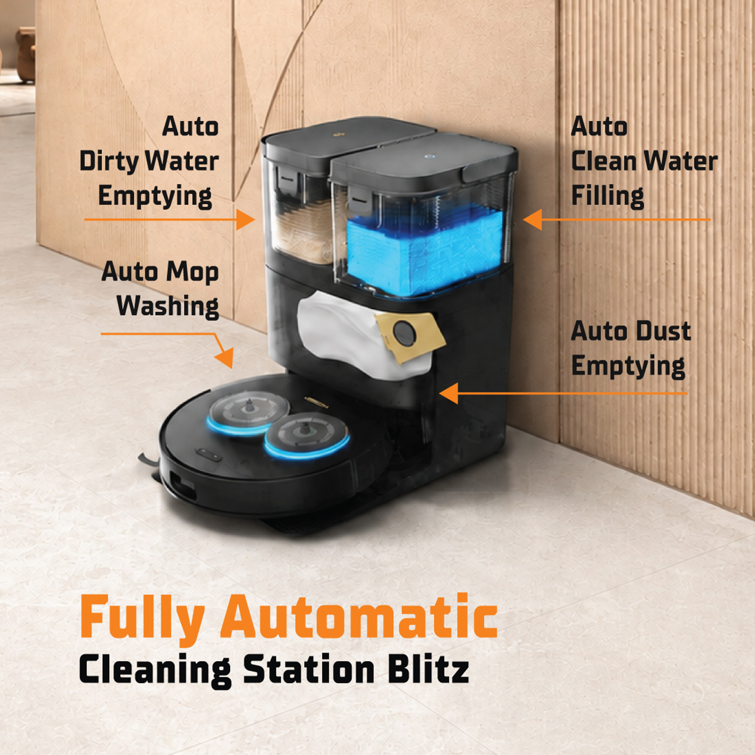 Image of EUREKA FORBES Smartclean With Fully Automatic Cleaning Station Blitz Robotic Floor Cleaner | 18,000Pa HyperSuction | Mop Extend | 3N Deep Mopping | 10mm Mop Lift | LiDAR powered by DToF & Line Laser | Auto Mop Wash | 45C Hot Air Dry | Up to 75 Days Hands-Free (WiFi Connectivity, Google Assistant and Alexa)