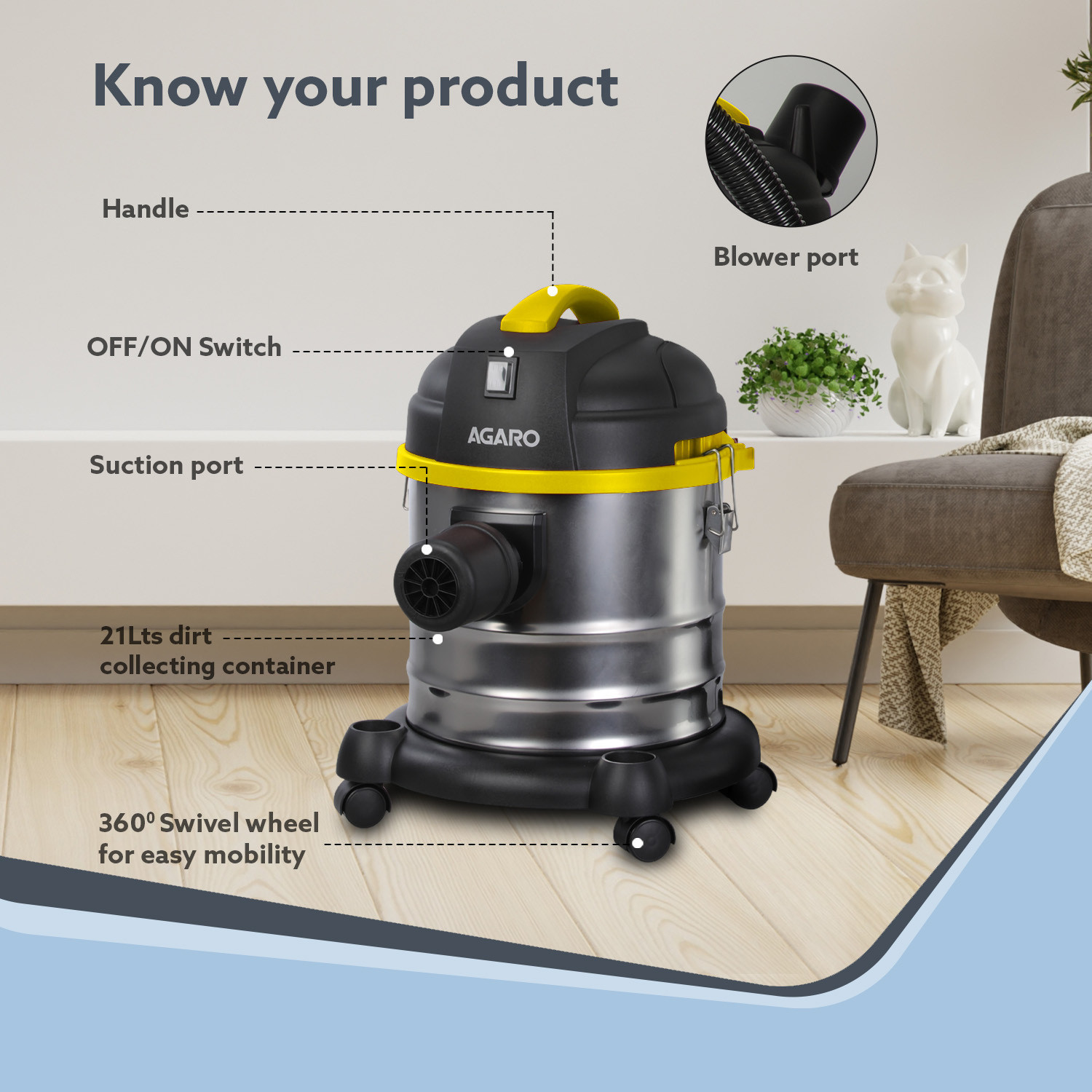 Image of AGARO Ace 1600W Wet & Dry Vacuum Cleaner with Reusable Dust Bag
